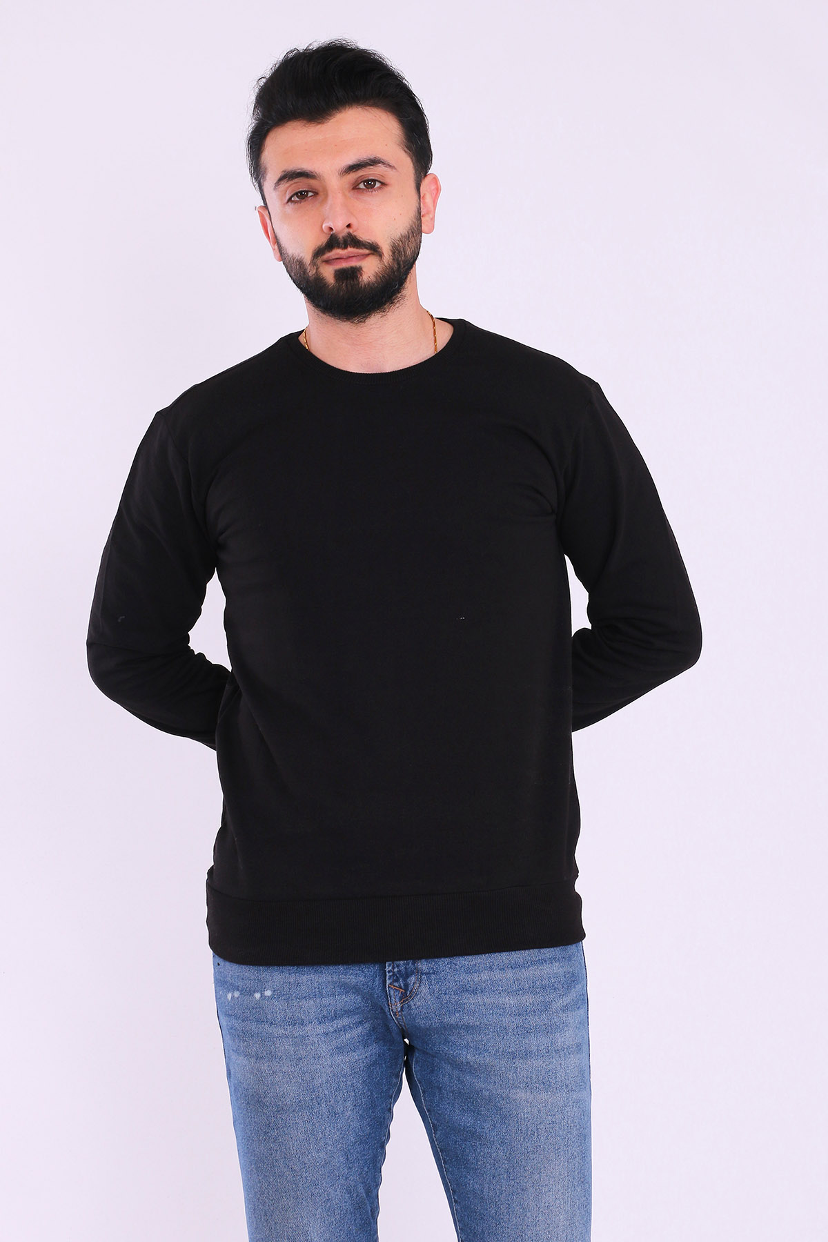 Siyah Basic Erkek 2 iplik Sweatshirt