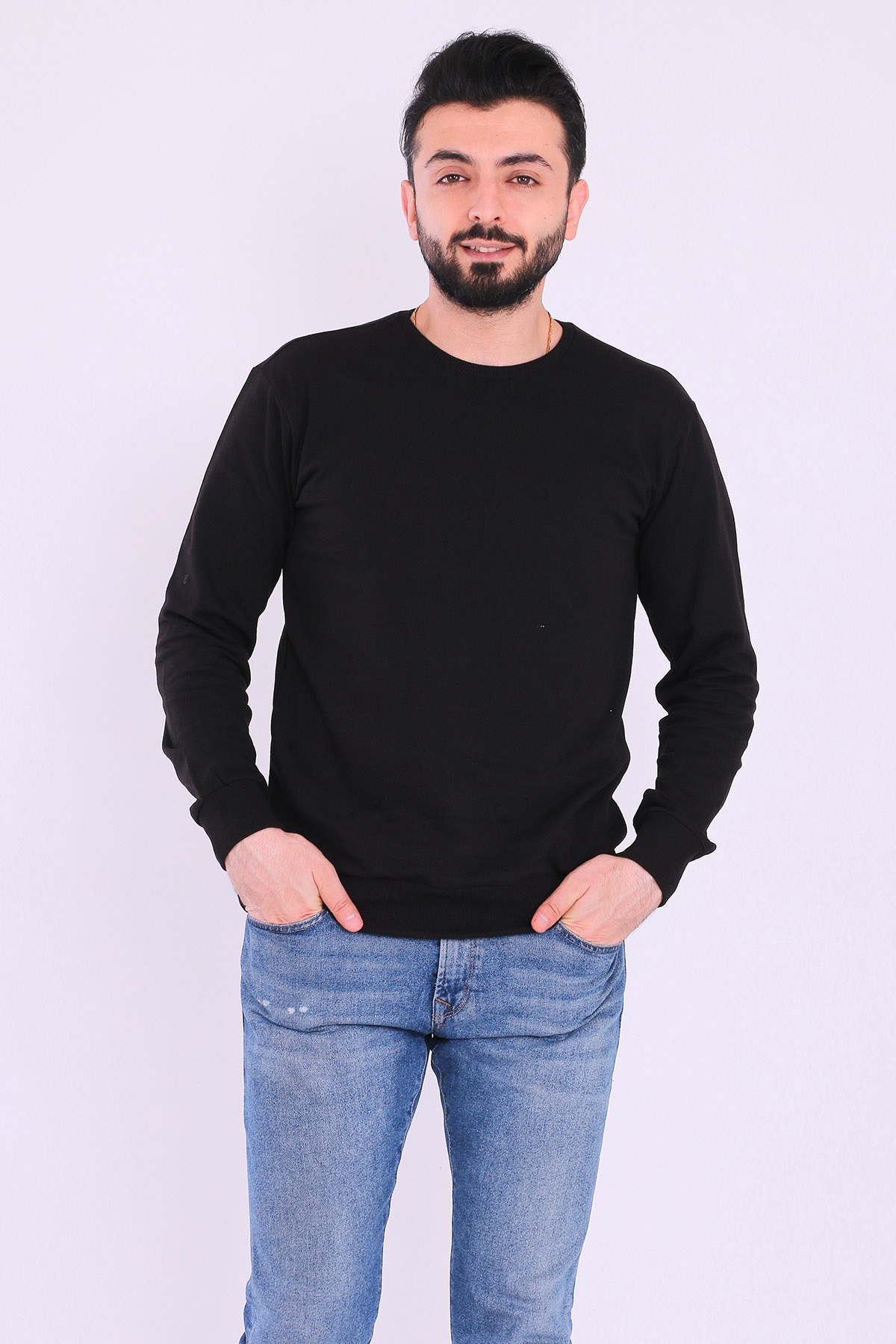 Siyah Basic Erkek 2 iplik Sweatshirt