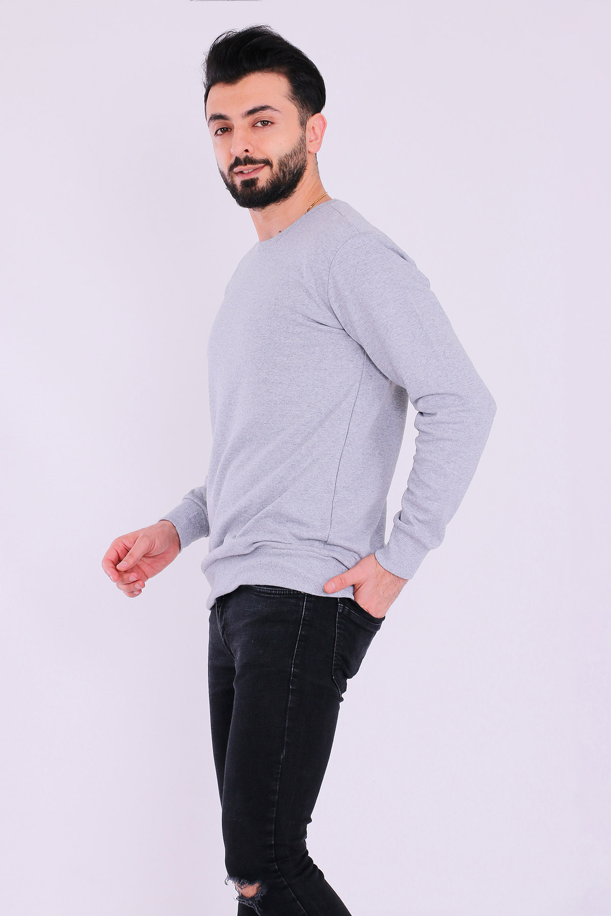 Gri Basic Erkek 2 iplik Sweatshirt