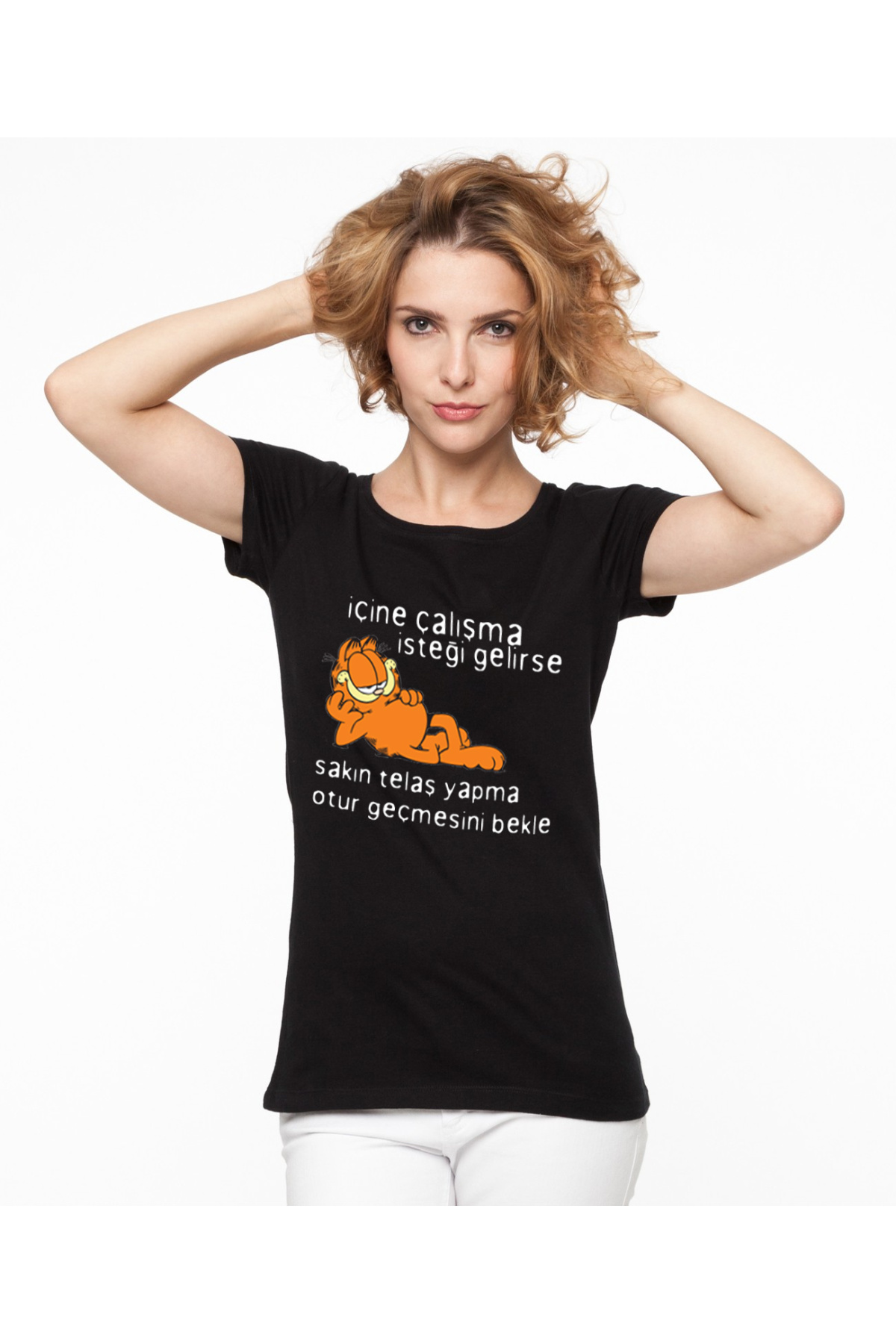 Komik Kedi Baskılı Dar Kesim Kadın Siyah t-shirt