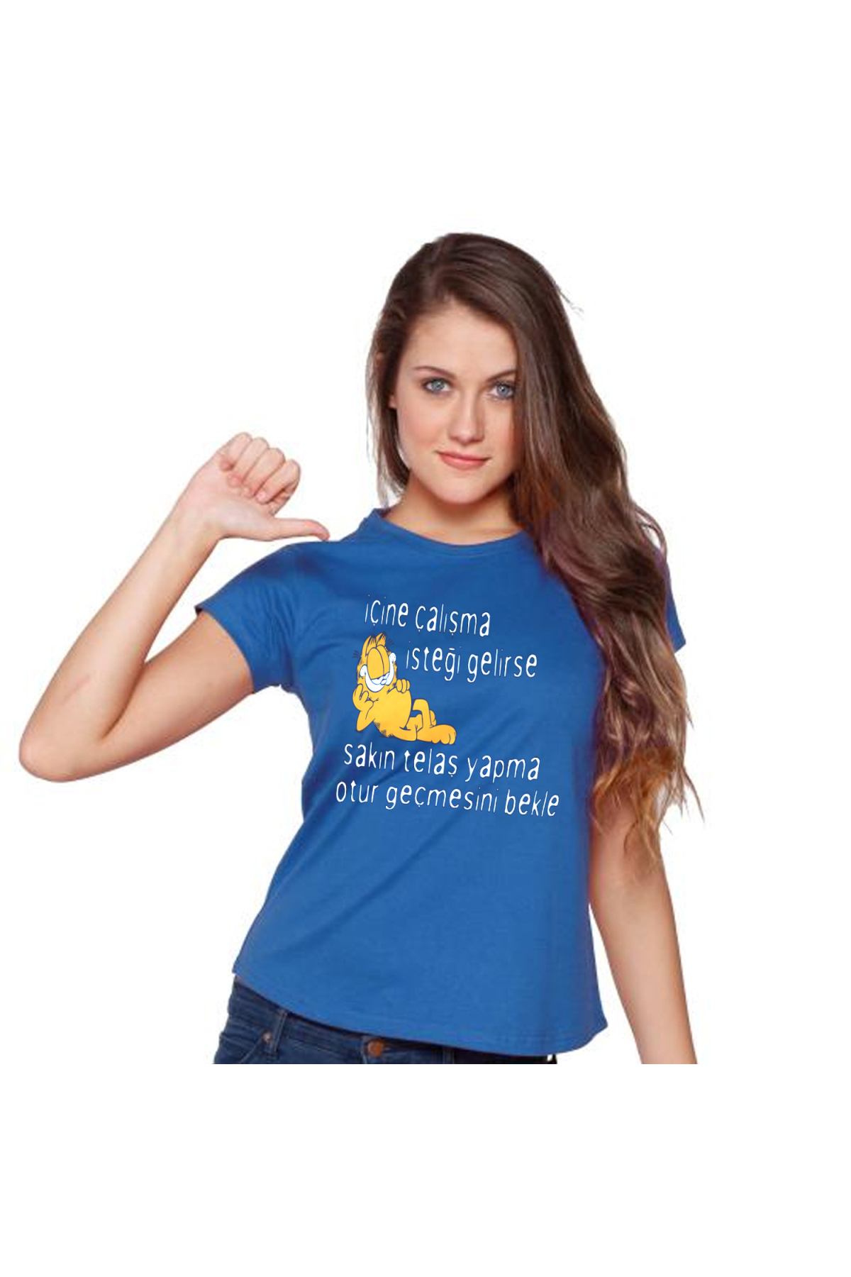 Komik Kedi Baskılı Dar Kesim Kadın Mavi t-shirt