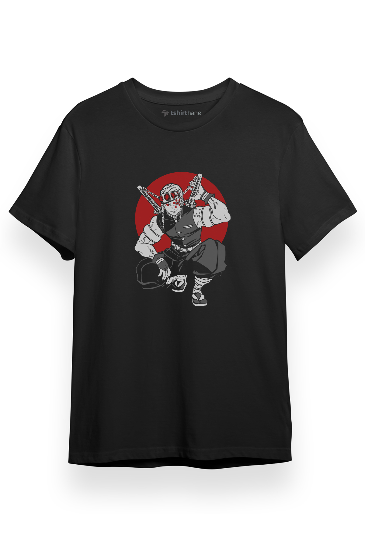 Demon Slayer Anime Tengen Red Circle Siyah Kısa kol Erkek Tshirt