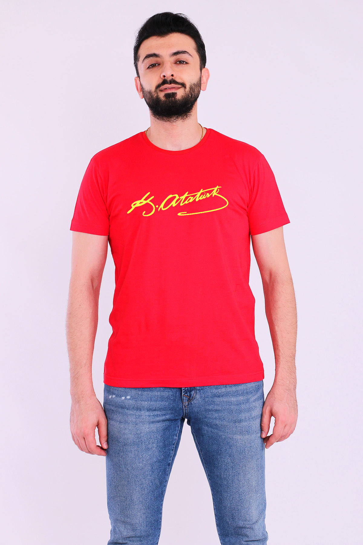 Sarı Kırmızı Atatürk imza Kısakol Erkek Slim Fit Tshirt