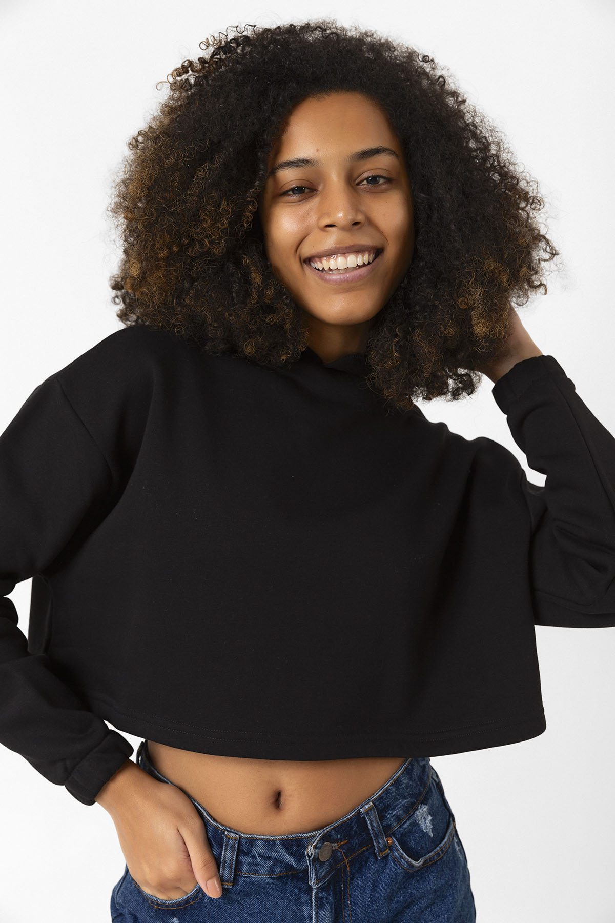 Basic Siyah Kapüşonlu Crop Sweatshirt