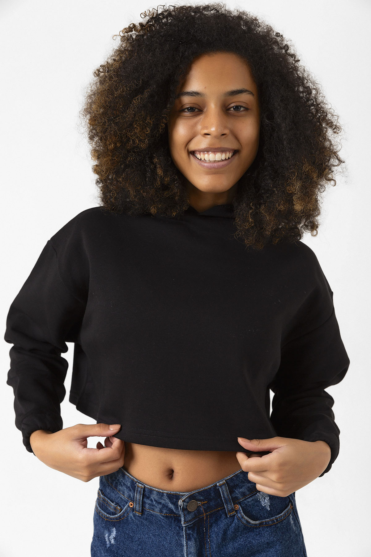 Basic Siyah Kapüşonlu Crop Sweatshirt