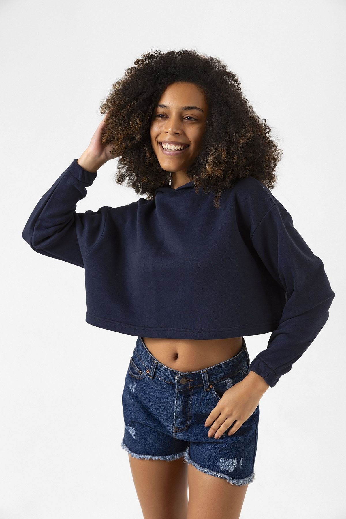 Basic Lacivert Kapüşonlu Crop Sweatshirt