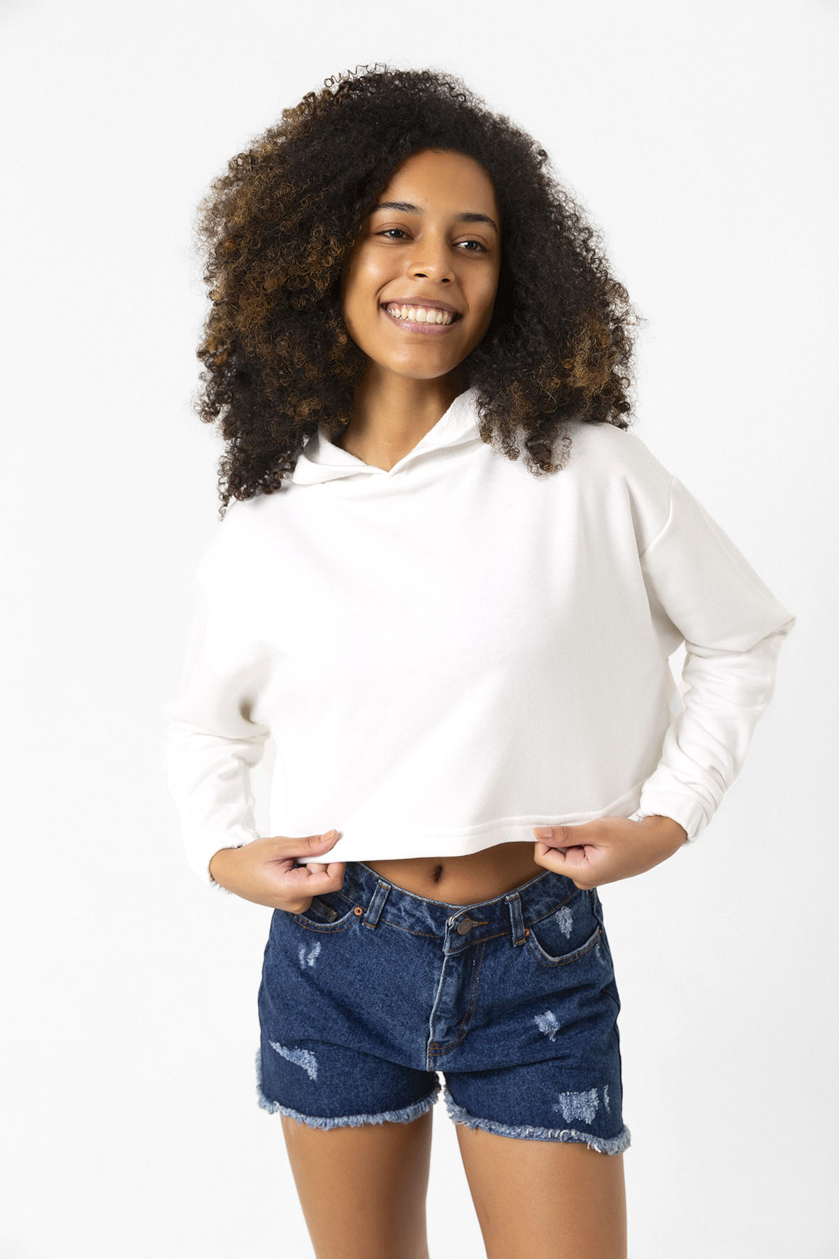 Basic Ekru Kapüşonlu Crop Sweatshirt