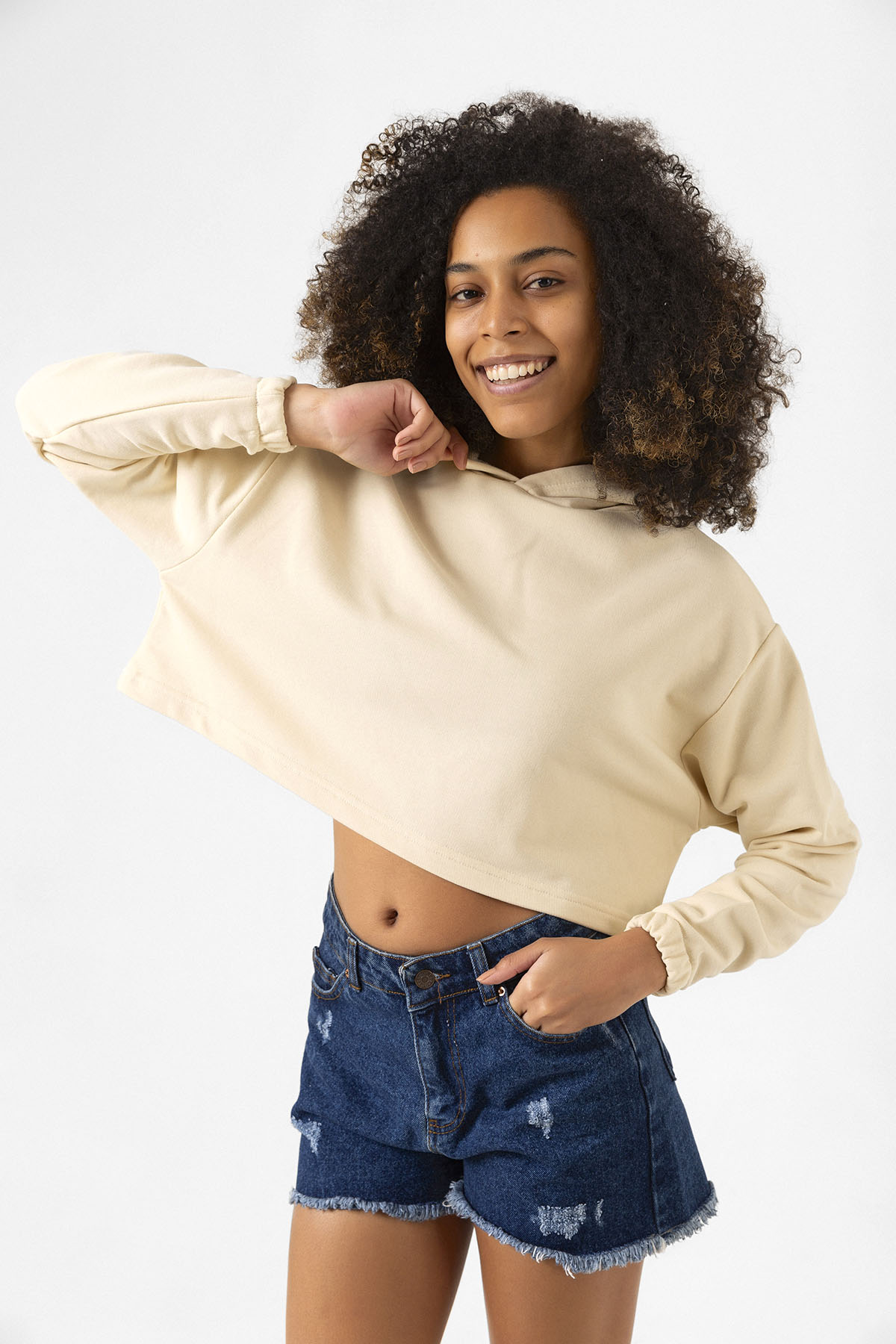 Basic Bej Kapüşonlu Crop Sweatshirt