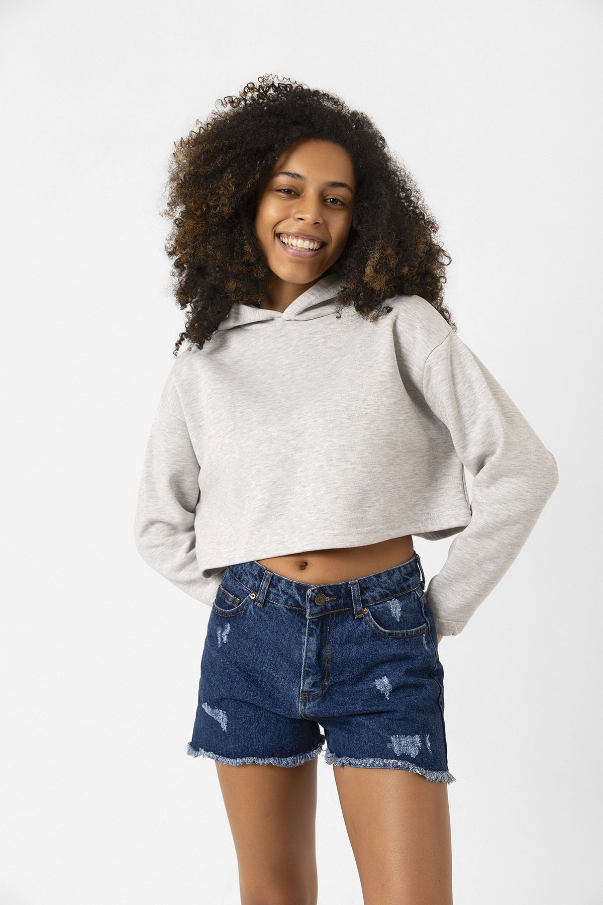 Basic Gri Kapüşonlu Crop Sweatshirt