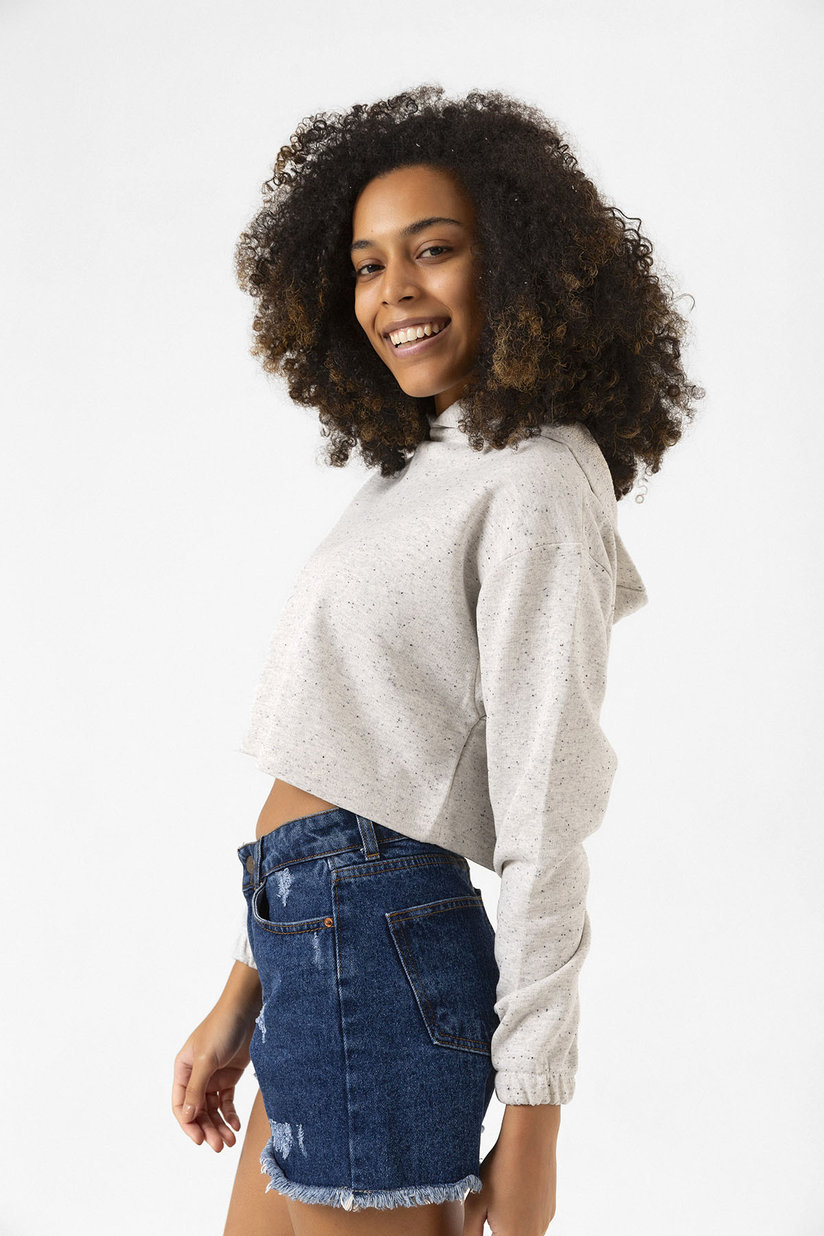 Basic Kırçıllı Gri Kapüşonlu Crop Sweatshirt