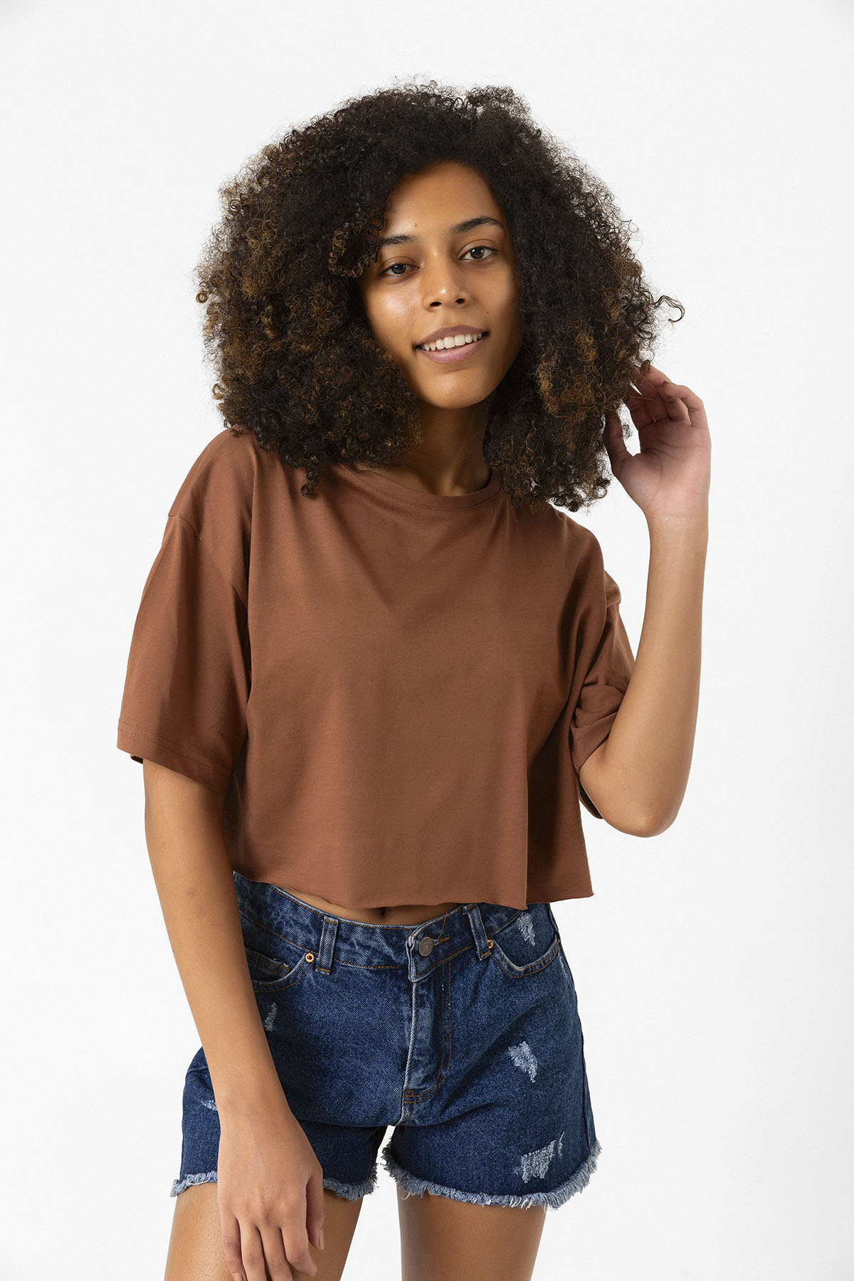 Basic Kahverengi Oversize Crop Tshirt