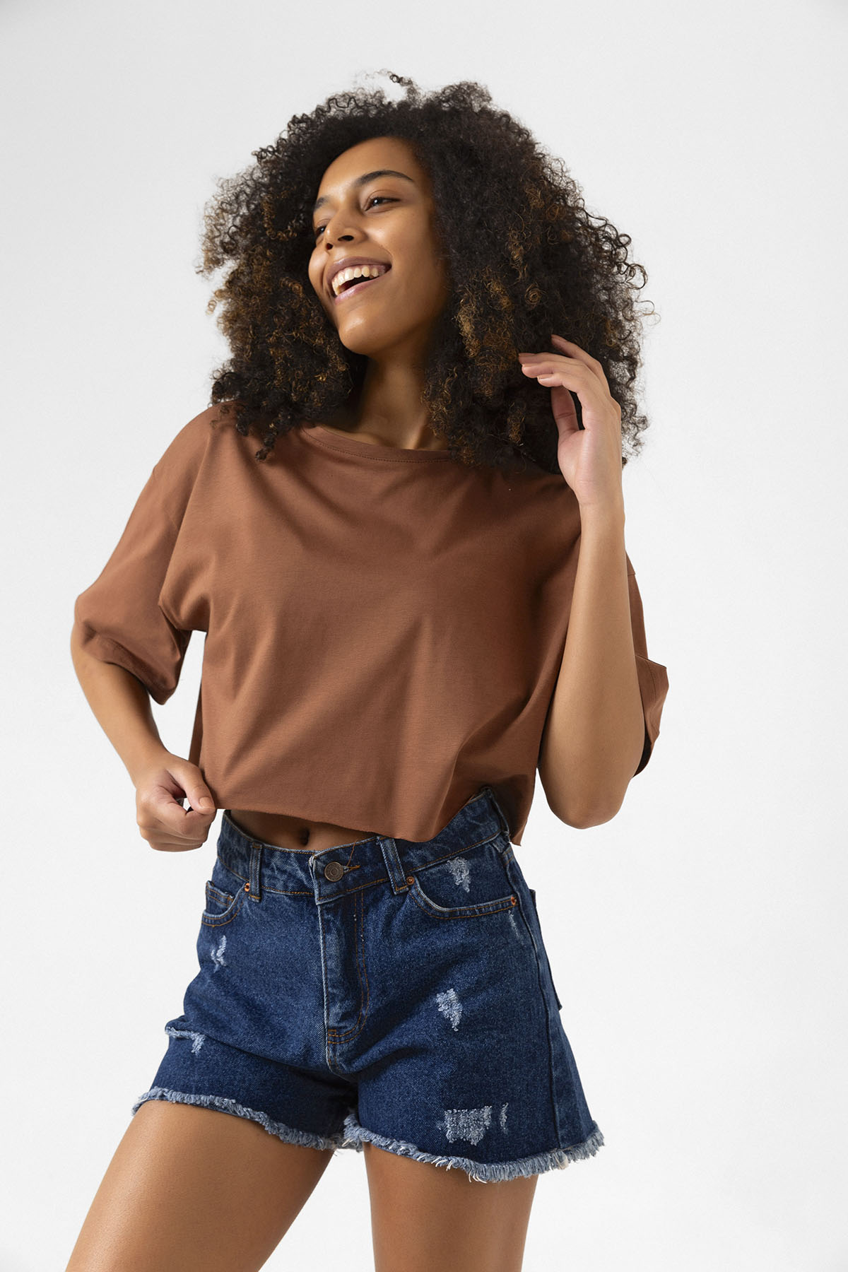 Basic Kahverengi Oversize Crop Tshirt