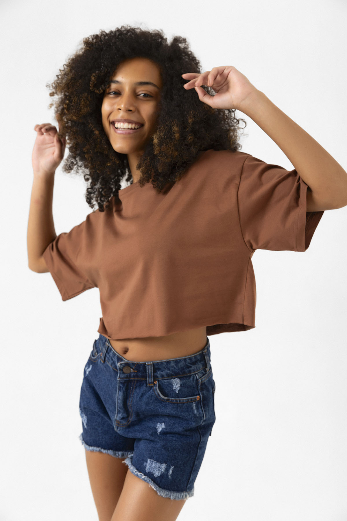 Basic Kahverengi Oversize Crop Tshirt