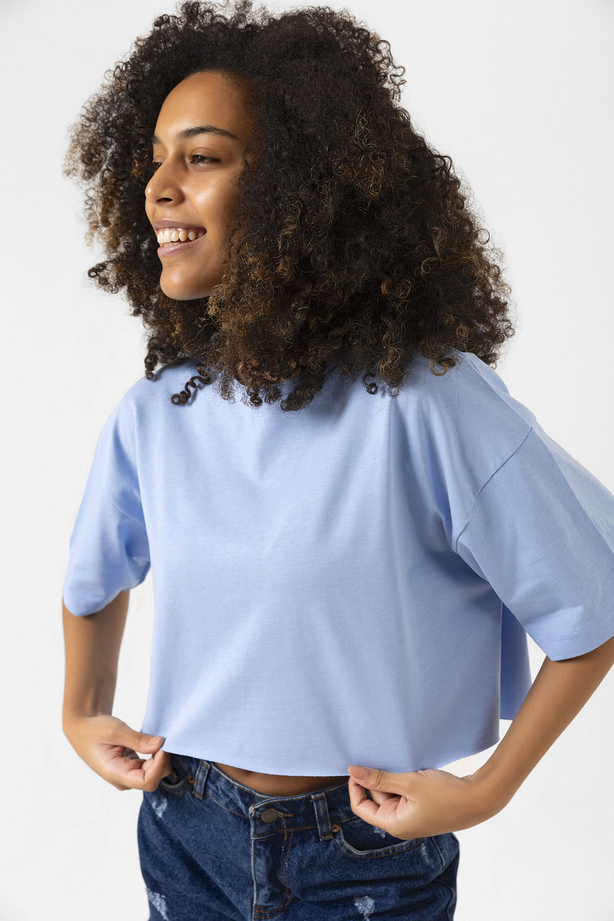 Basic Açık Mavi Oversize Crop Tshirt