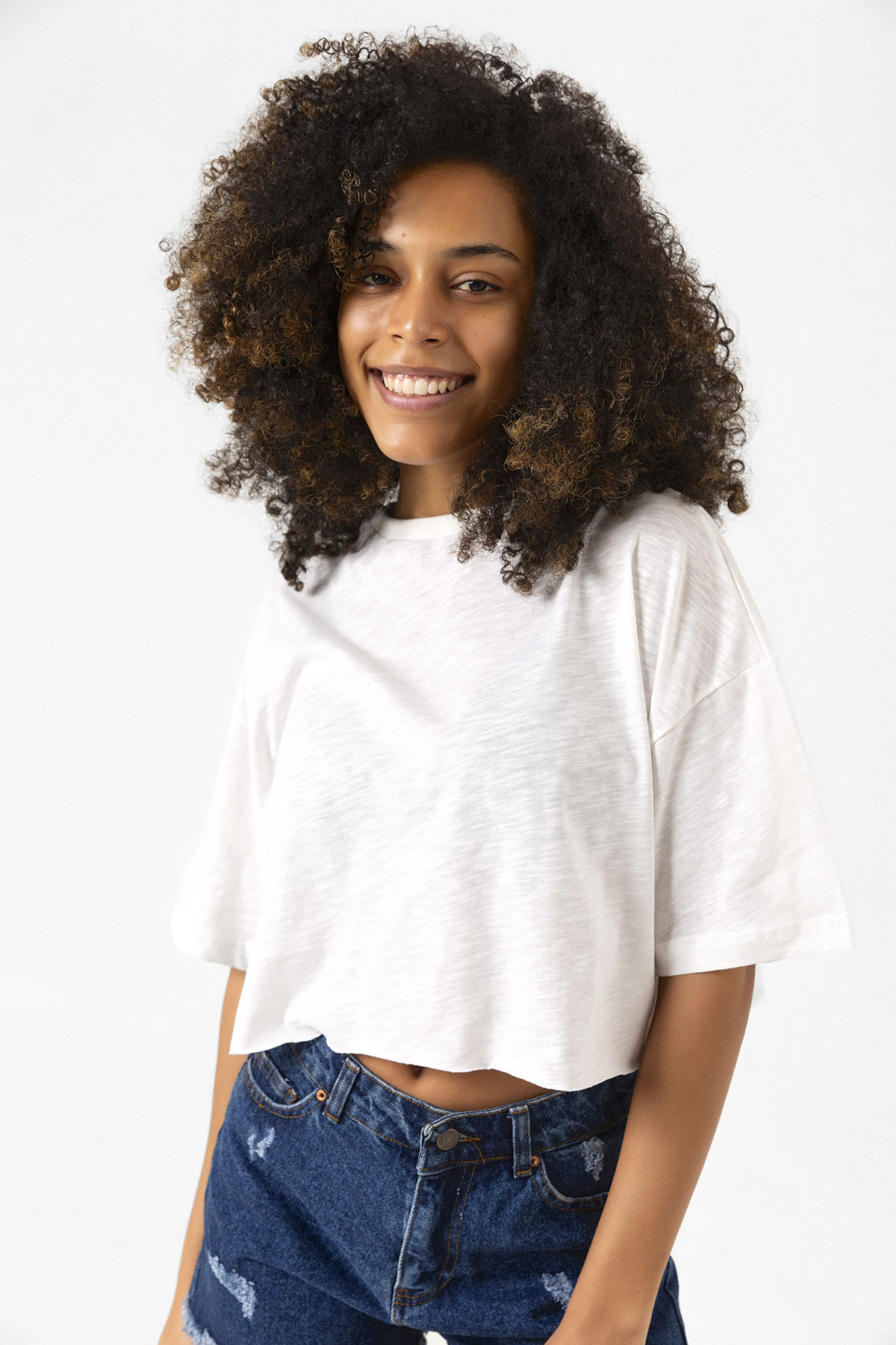 Basic Kırçıllı Beyaz Oversize Crop Tshirt