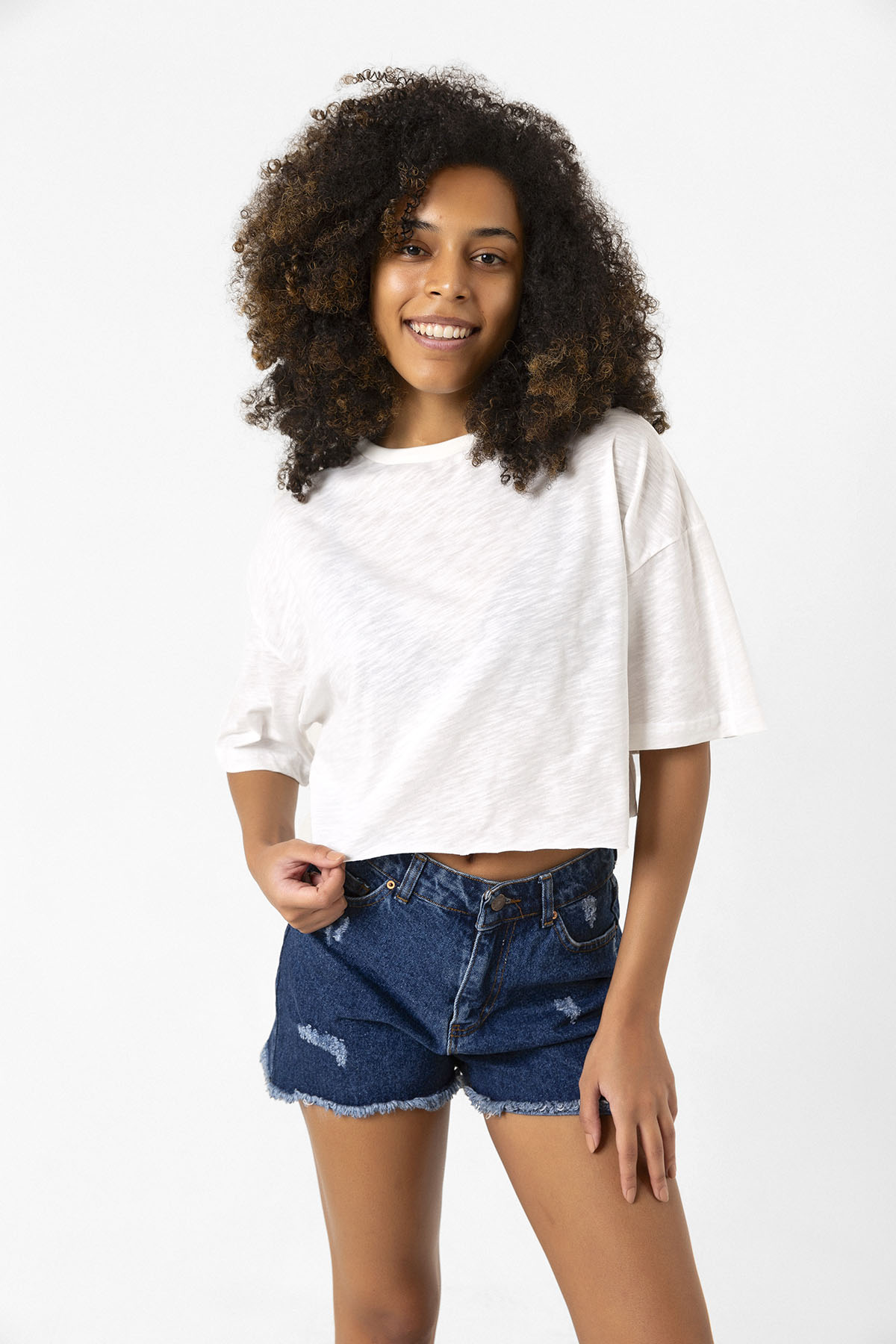 Basic Kırçıllı Beyaz Oversize Crop Tshirt