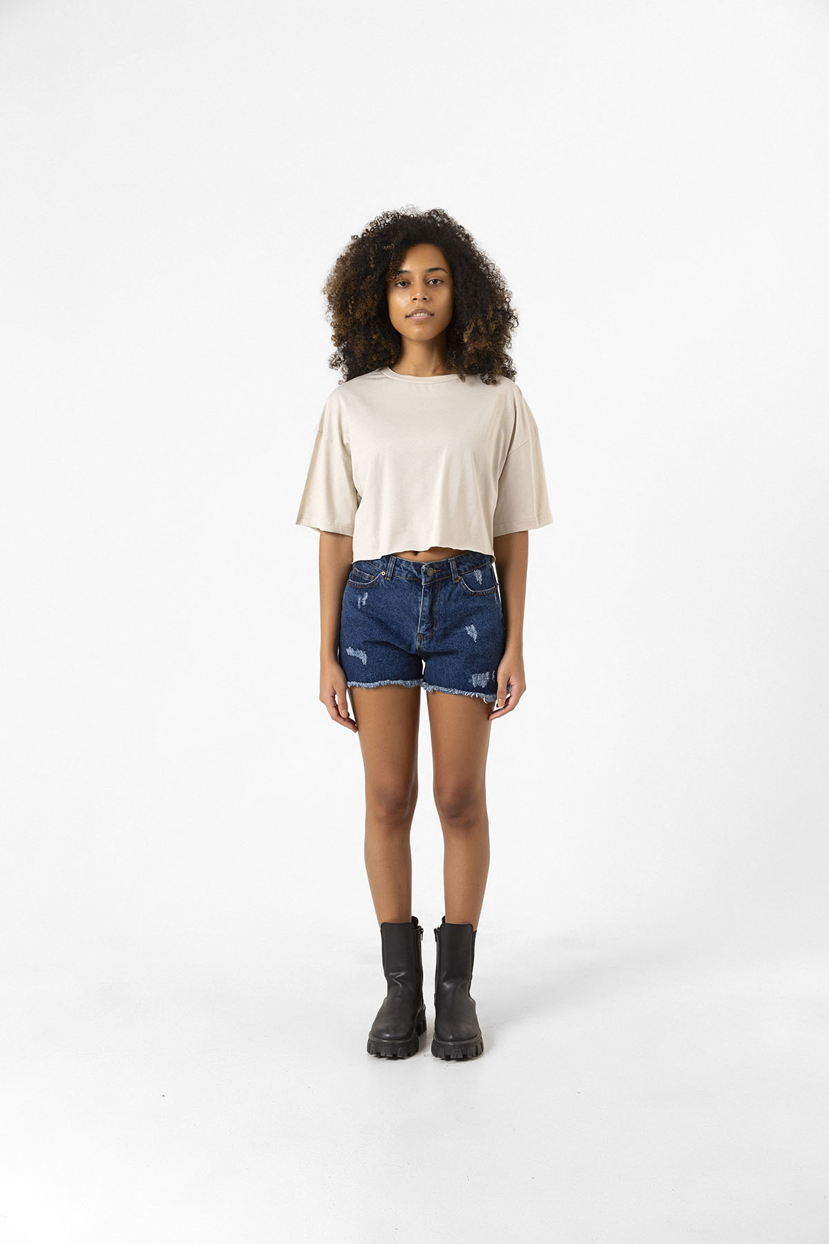 Basic Bej Oversize Crop Tshirt