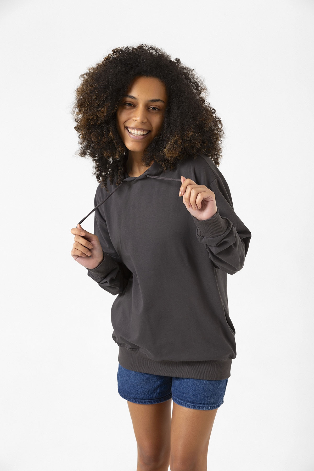 Füme Basic Oversize Kadın Kapüşonlu Hoodie 2 iplik Sweatshirt