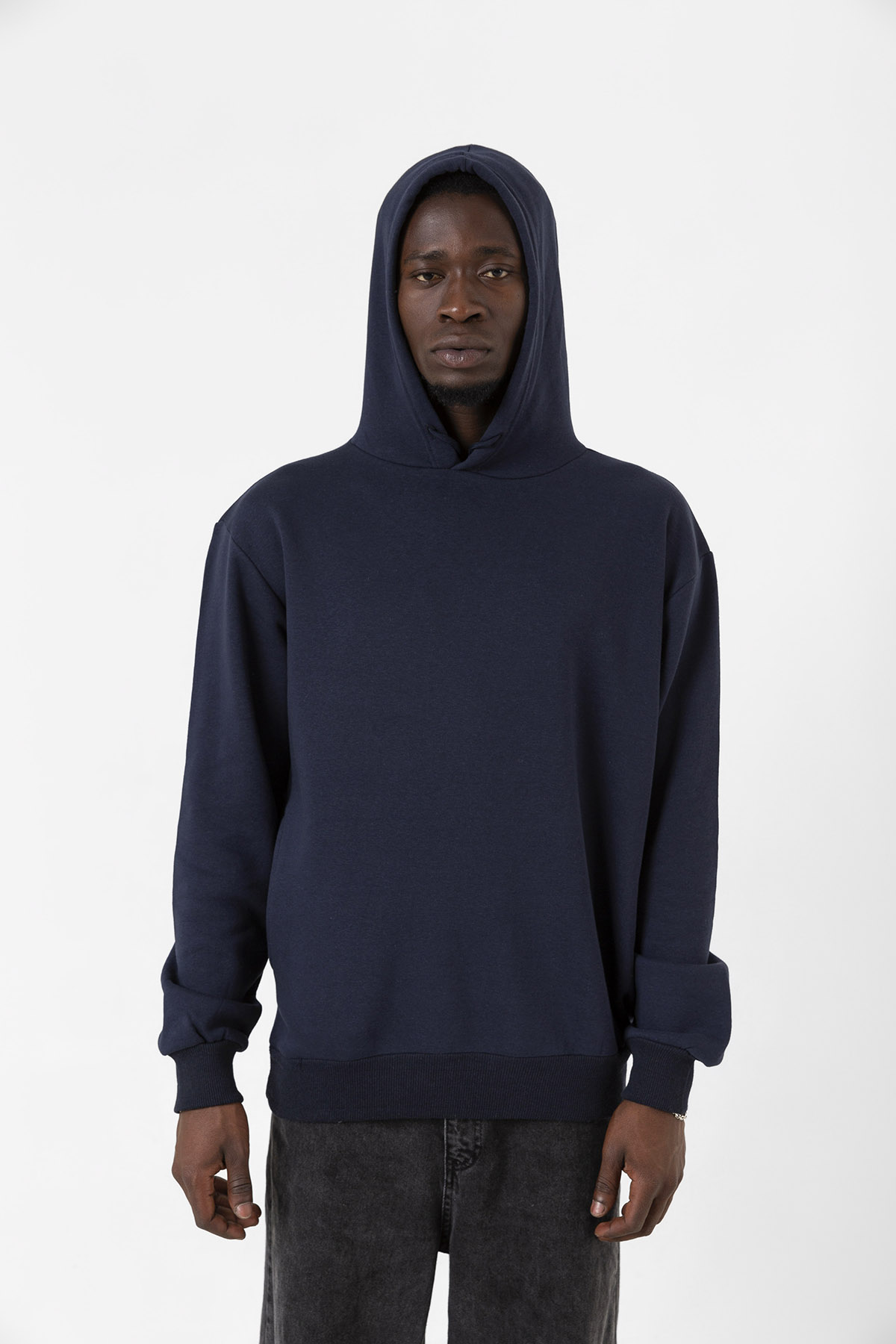 Lacivert Basic Oversize Erkek Kapüşonlu Hoodie 3 iplik Sweatshirt