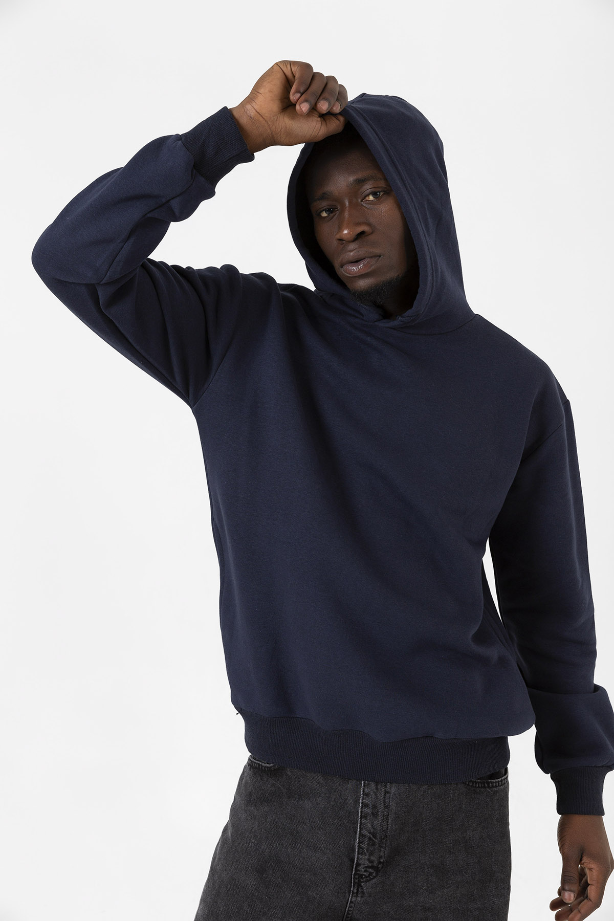 Lacivert Basic Oversize Erkek Kapüşonlu Hoodie 3 iplik Sweatshirt