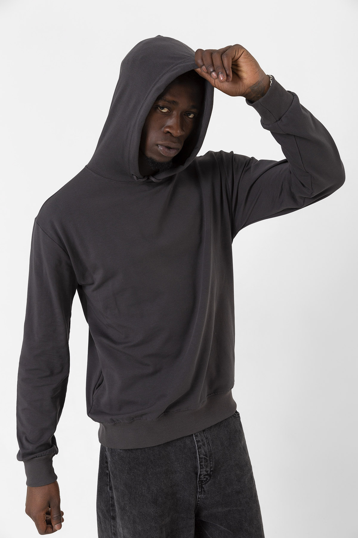 Füme Basic Oversize Erkek Kapüşonlu Hoodie 3 iplik Sweatshirt