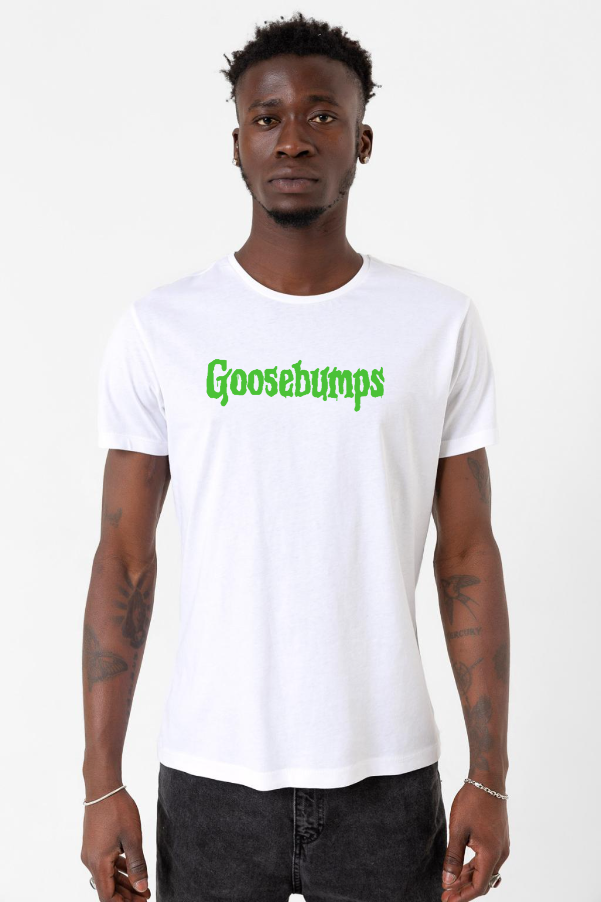 Goosebumps Lettern Beyaz Erkek Bisikletyaka Tshirt