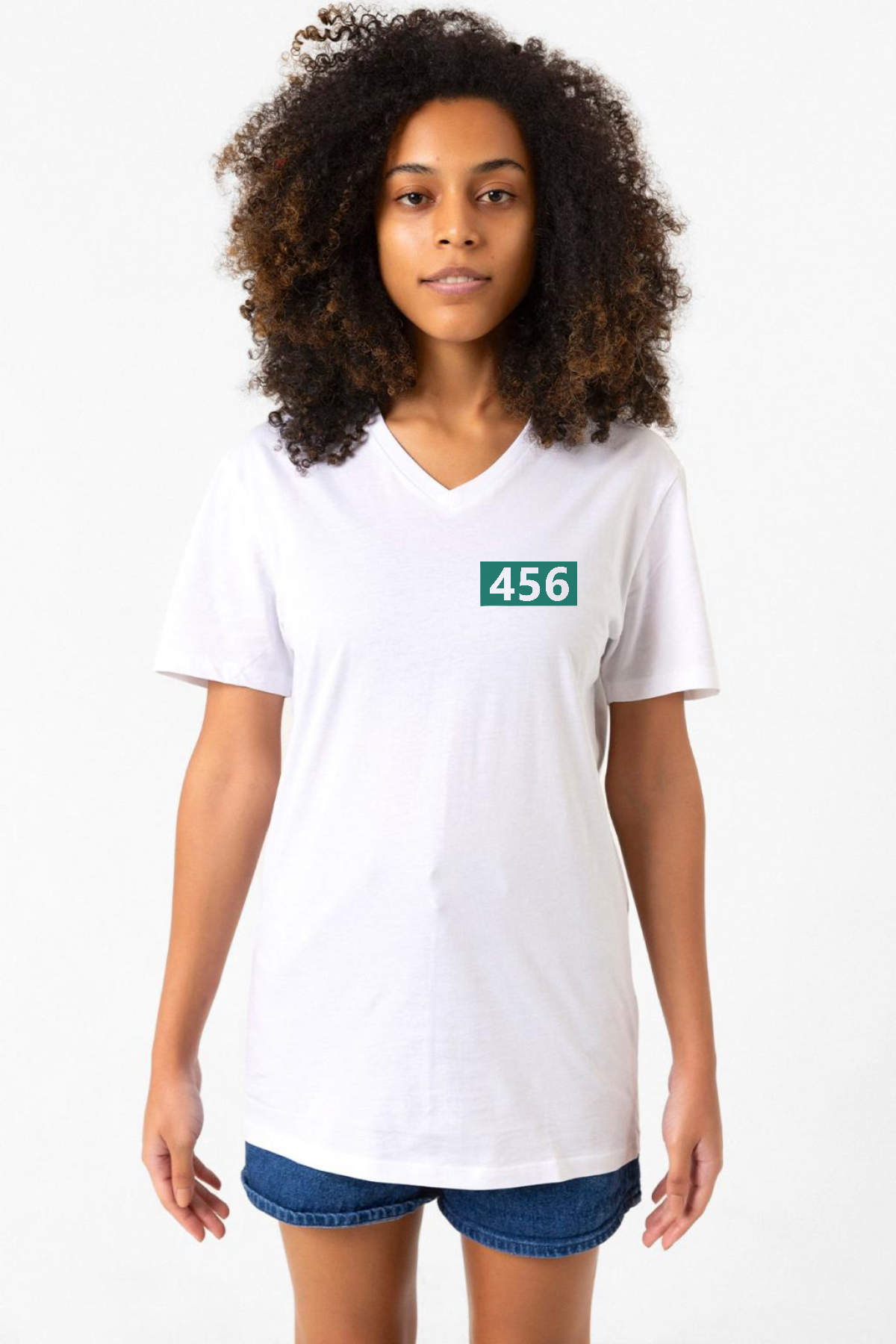 Squid Game Player 456 Beyaz Kadın V yaka Tshirt