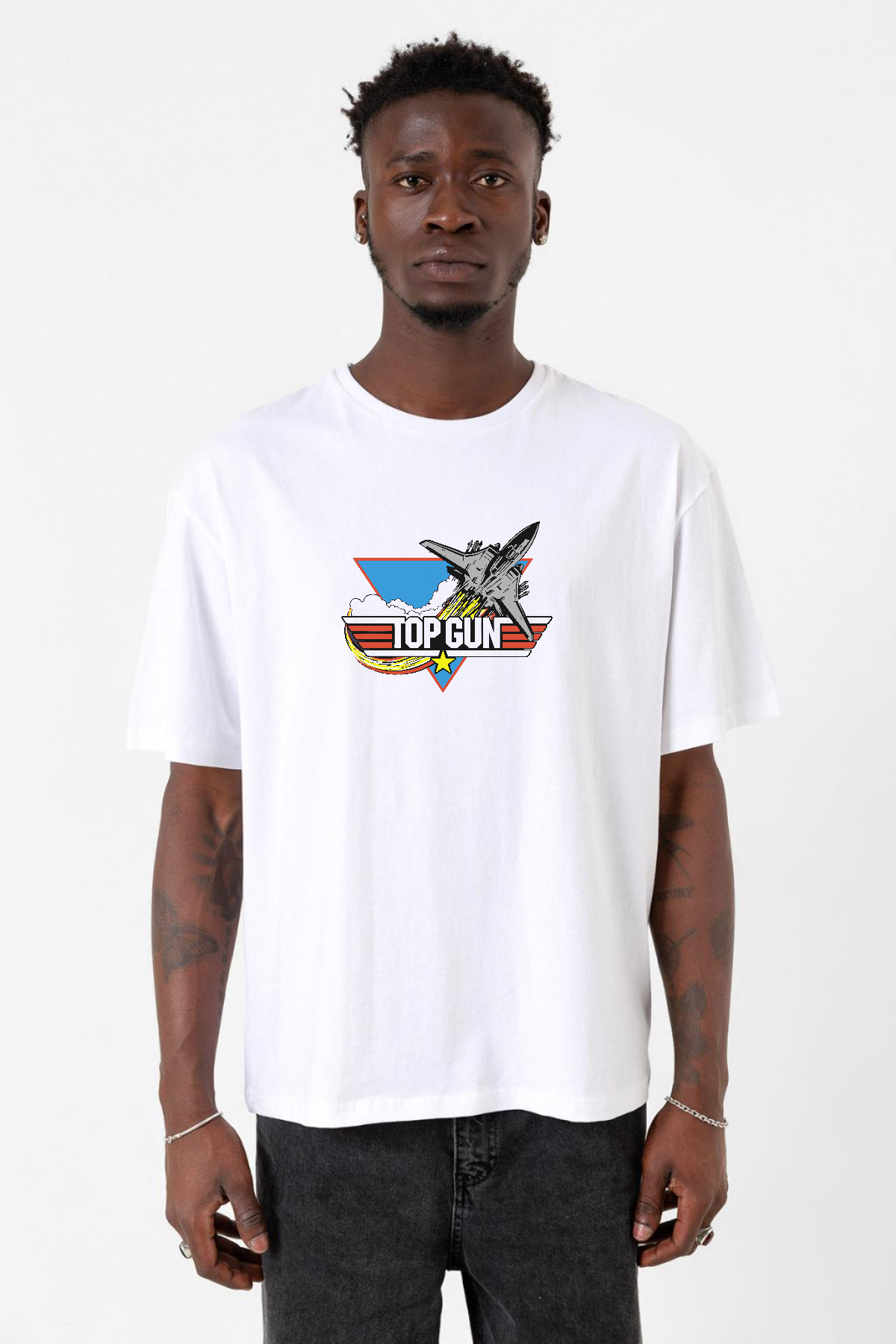 Top Gun Vintage Jet Stars Beyaz Erkek Oversize Tshirt