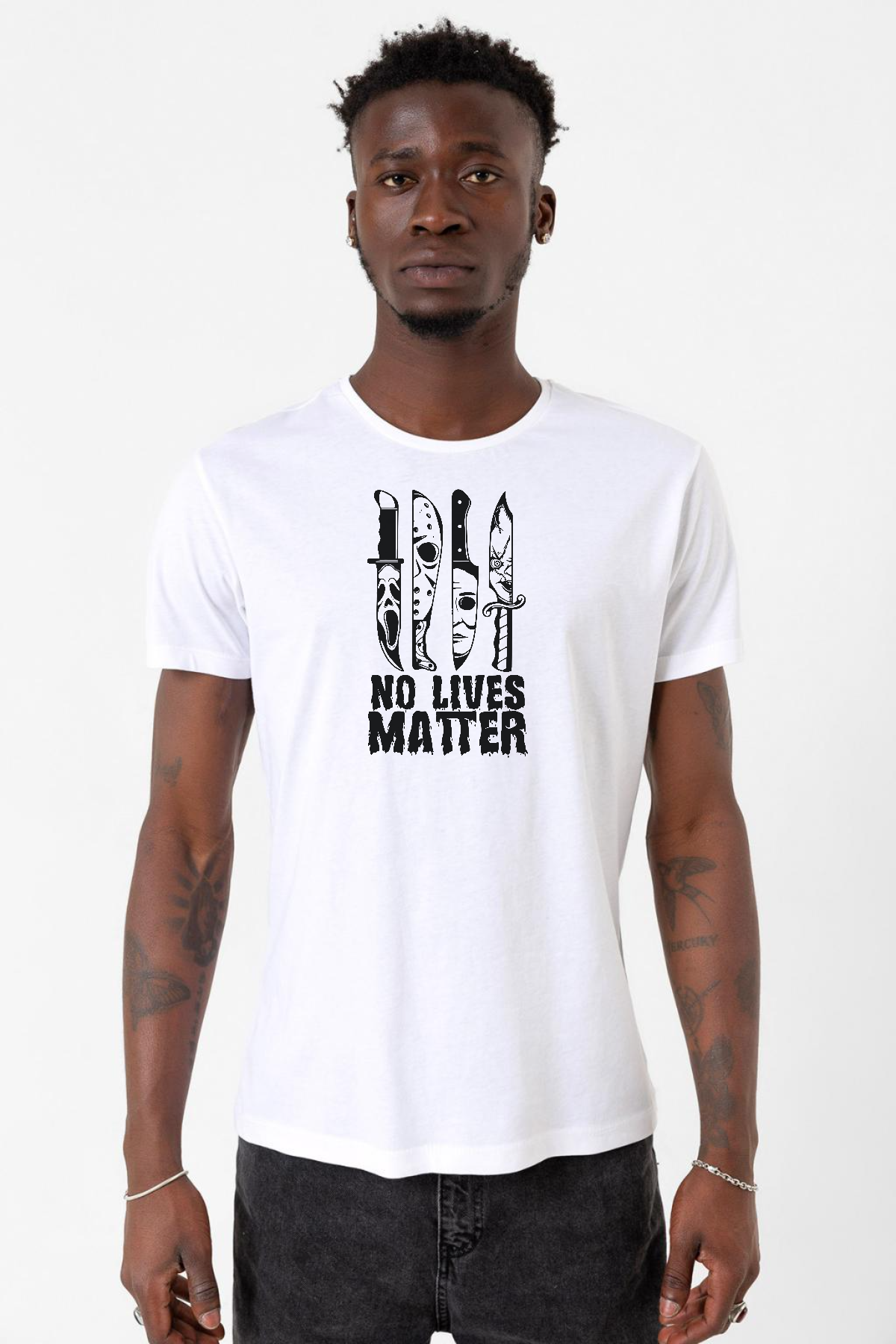 Horror Knifes No Live Matter Beyaz Erkek Bisikletyaka Tshirt