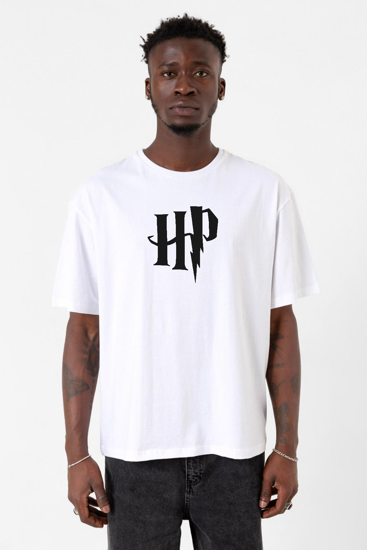 HP Logo Beyaz Erkek Oversize Tshirt