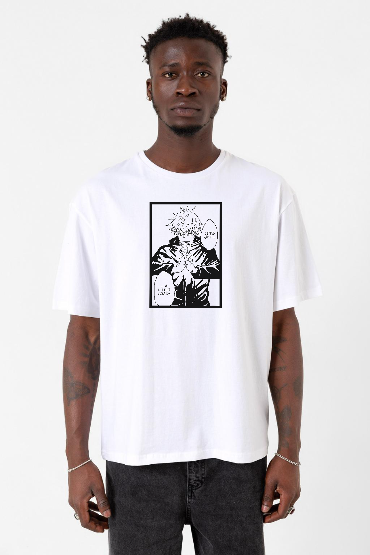 Jujutsu Kaisen Anime Satoru Gojo Lets Get A Little Crazy Beyaz Erkek Oversize Tshirt