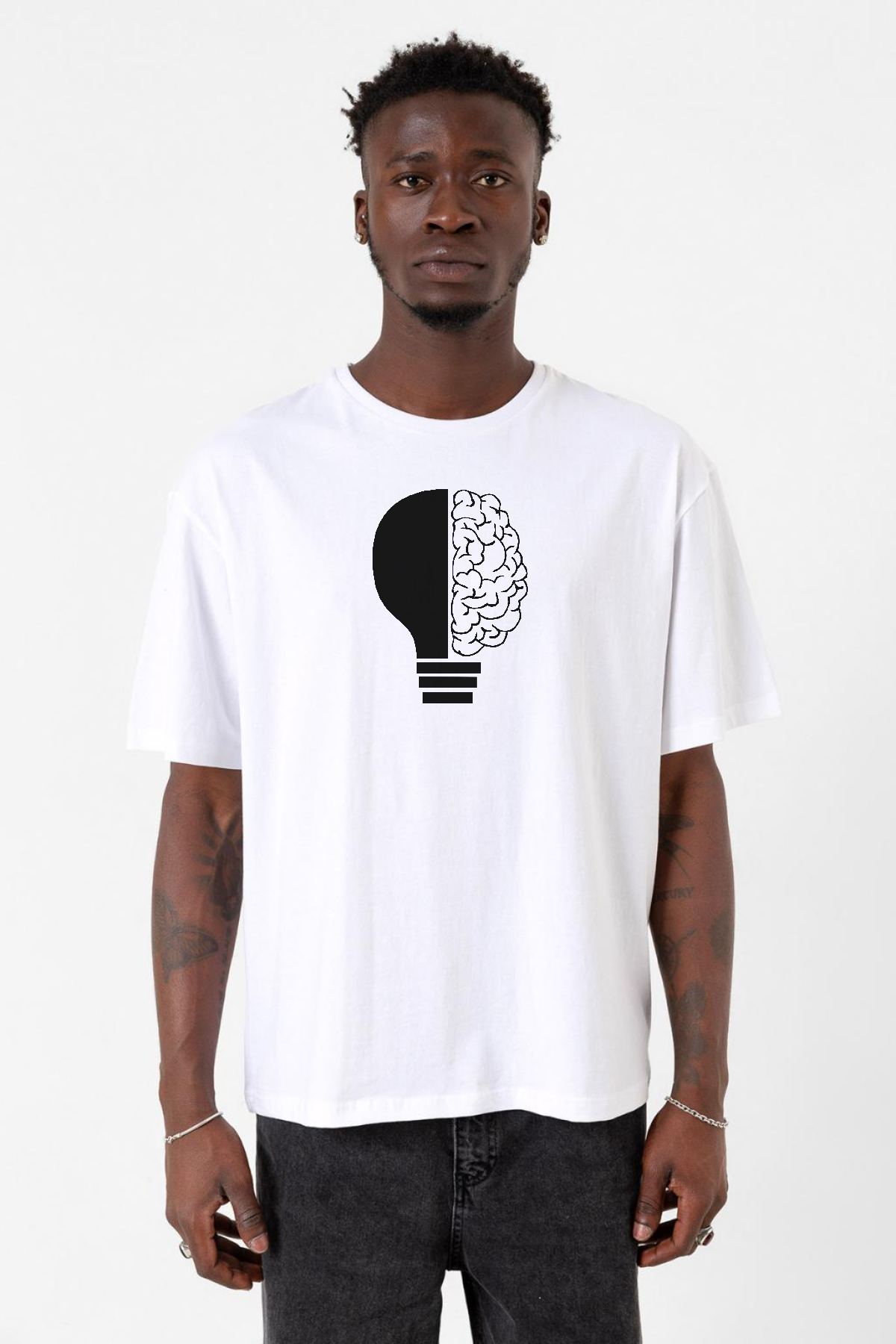 Lightbulb & Brain Beyaz Erkek Oversize Tshirt