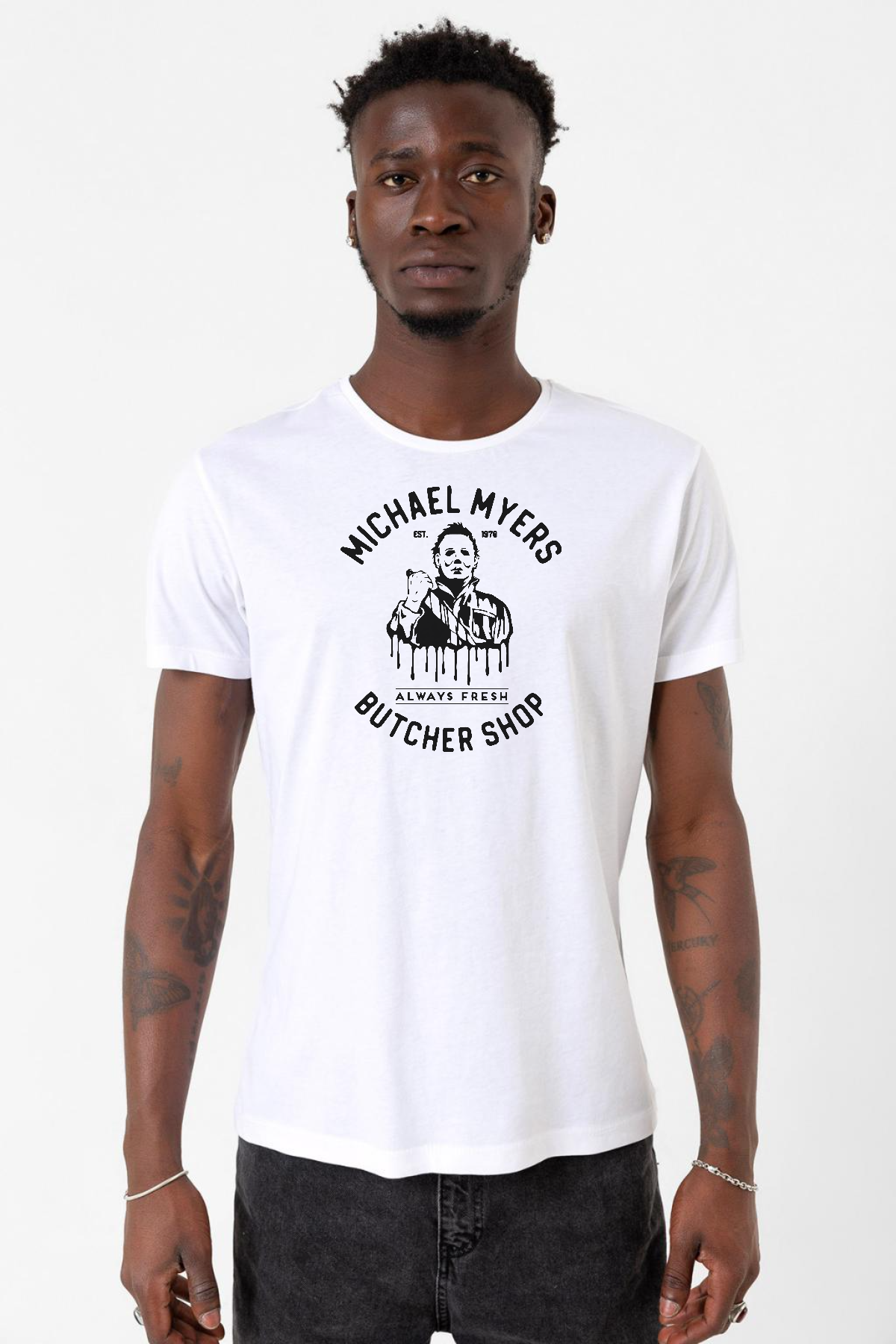Michael Myers Butcher Shop Beyaz Erkek Bisikletyaka Tshirt