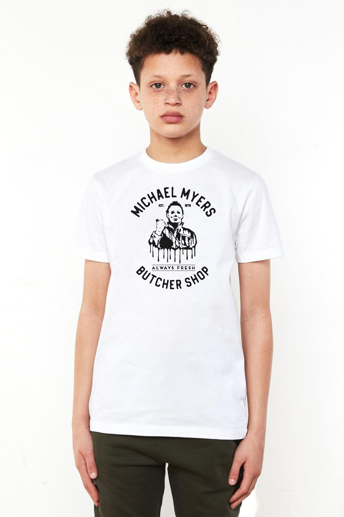 Michael Myers Butcher Shop Beyaz Çocuk Bisikletyaka Tshirt