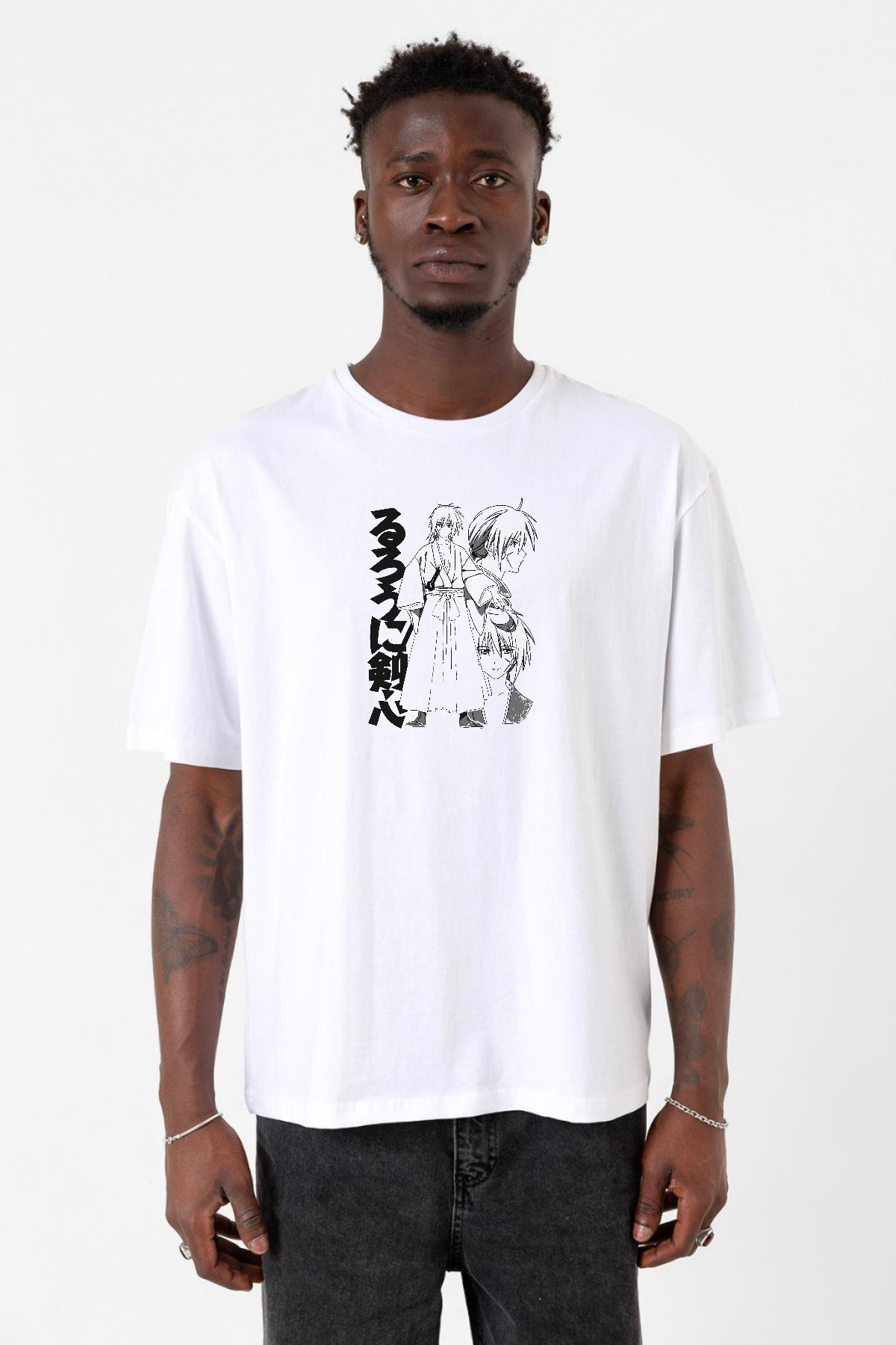 Rurouni Kenshin Black White Art Beyaz Erkek Oversize Tshirt