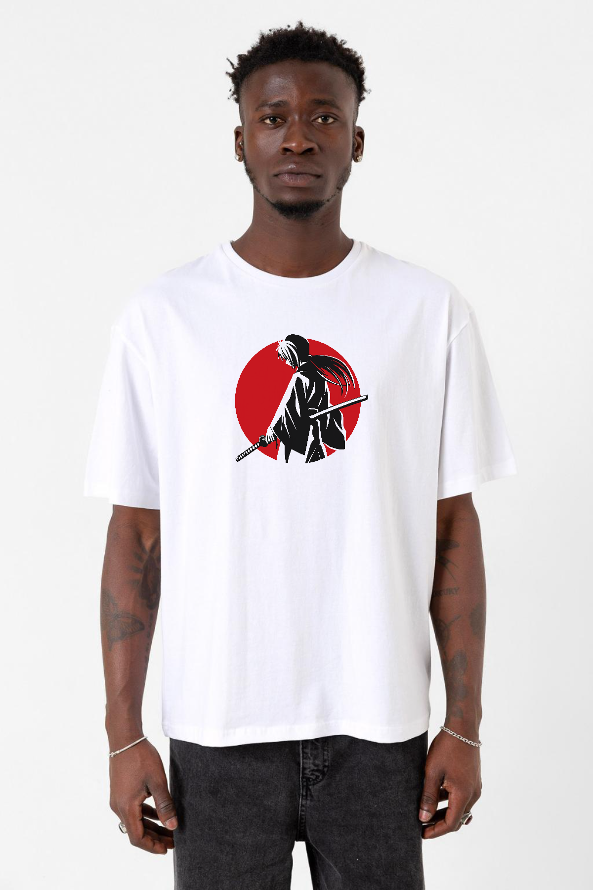 Rurouni Kenshin Samurai Logo Beyaz Erkek Oversize Tshirt