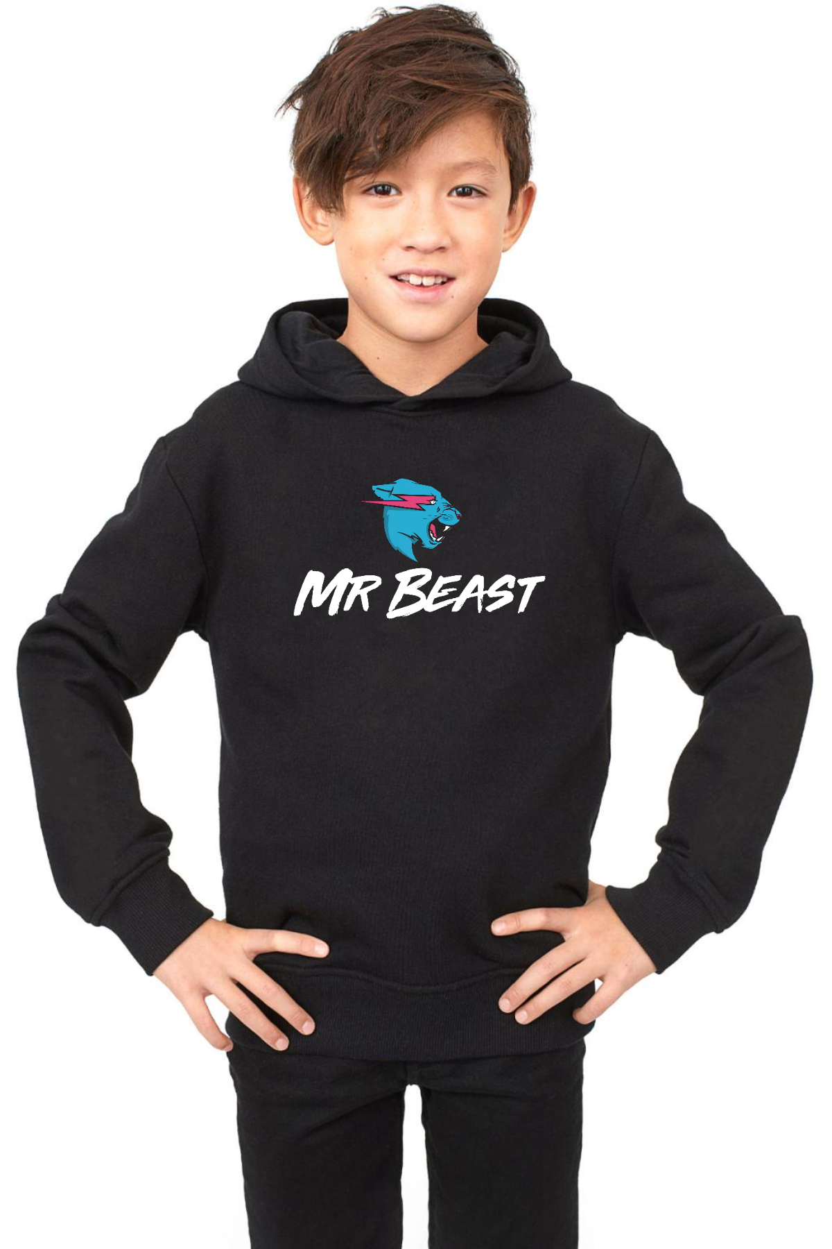 Mr Beast Siyah Çocuk 3ip Kapşonlu
