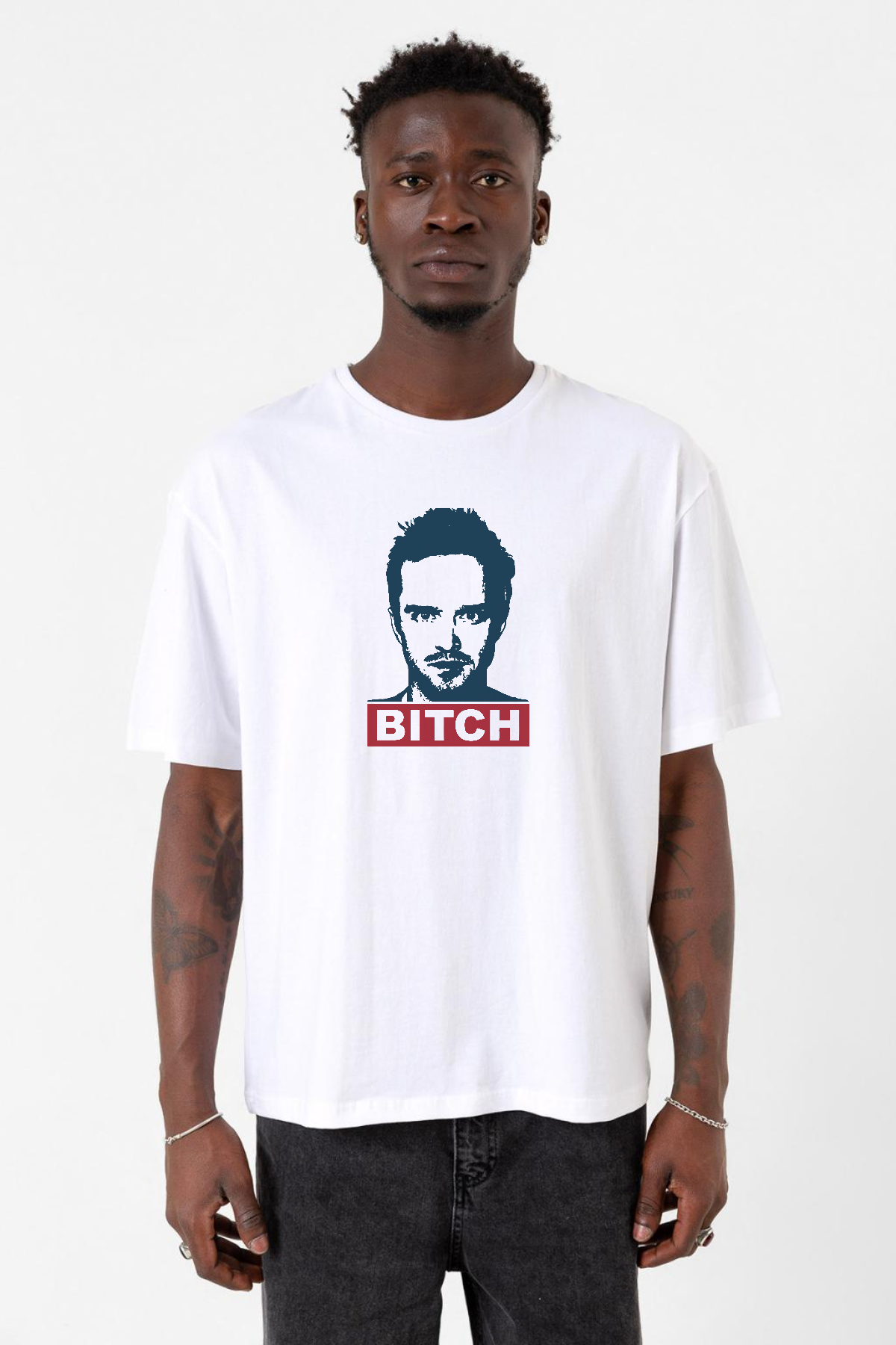 Breaking Bad Jesse Pinkman Bitch Beyaz Erkek Oversize Tshirt