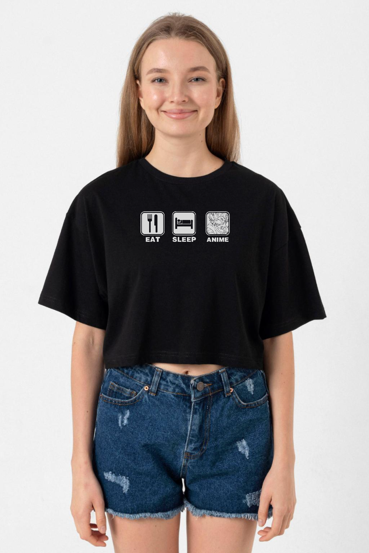 Eat Sleep Anime Siyah Kadın Crop Tshirt