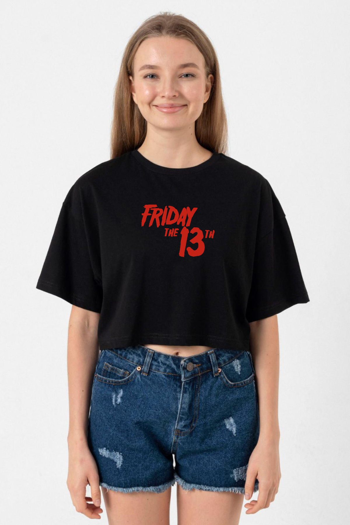 Friday The 13th Letter Logo Siyah Kadın Crop Tshirt