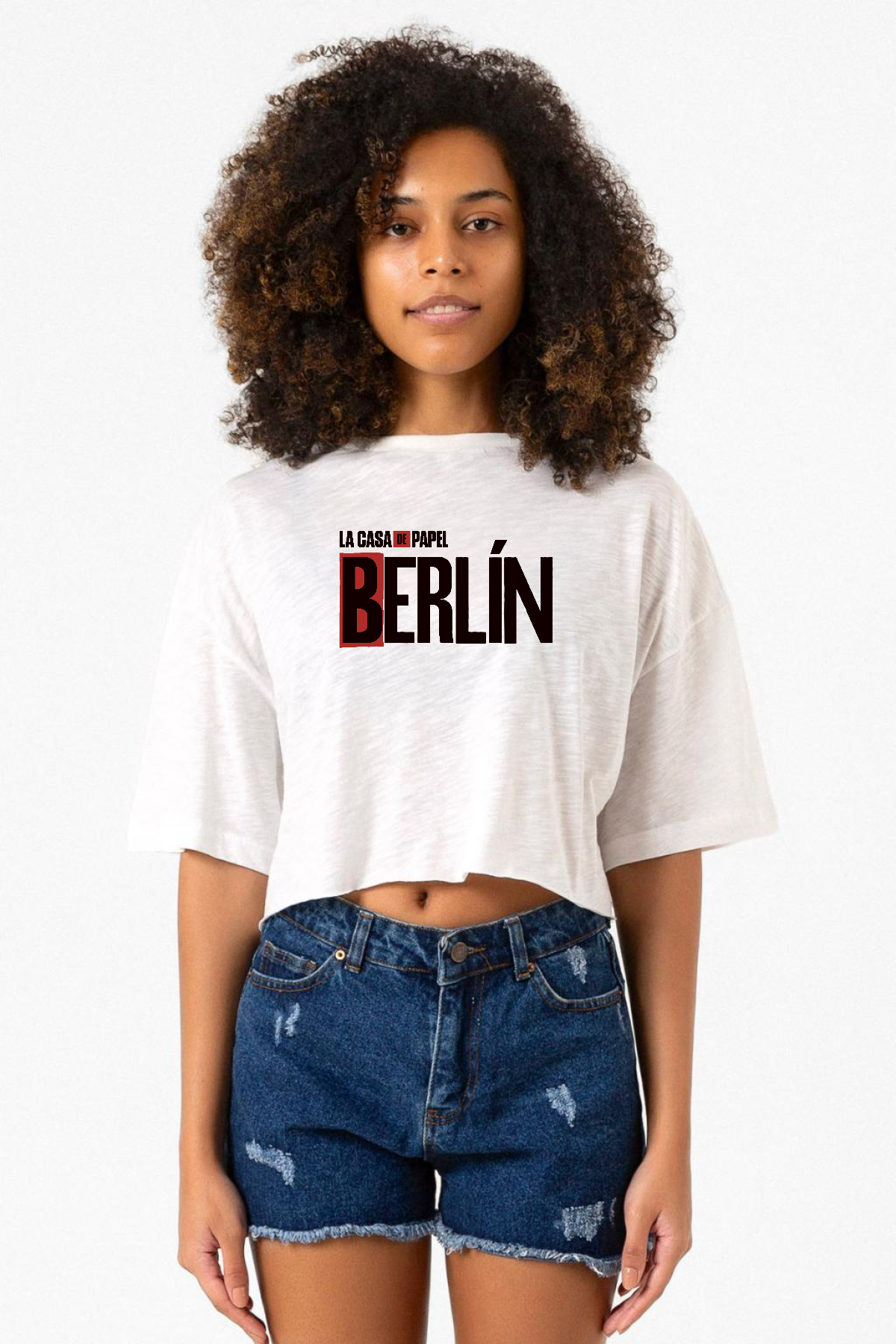 La Casa De Papel Berlin Beyaz Kırçıllı Kadın Crop Tshirt