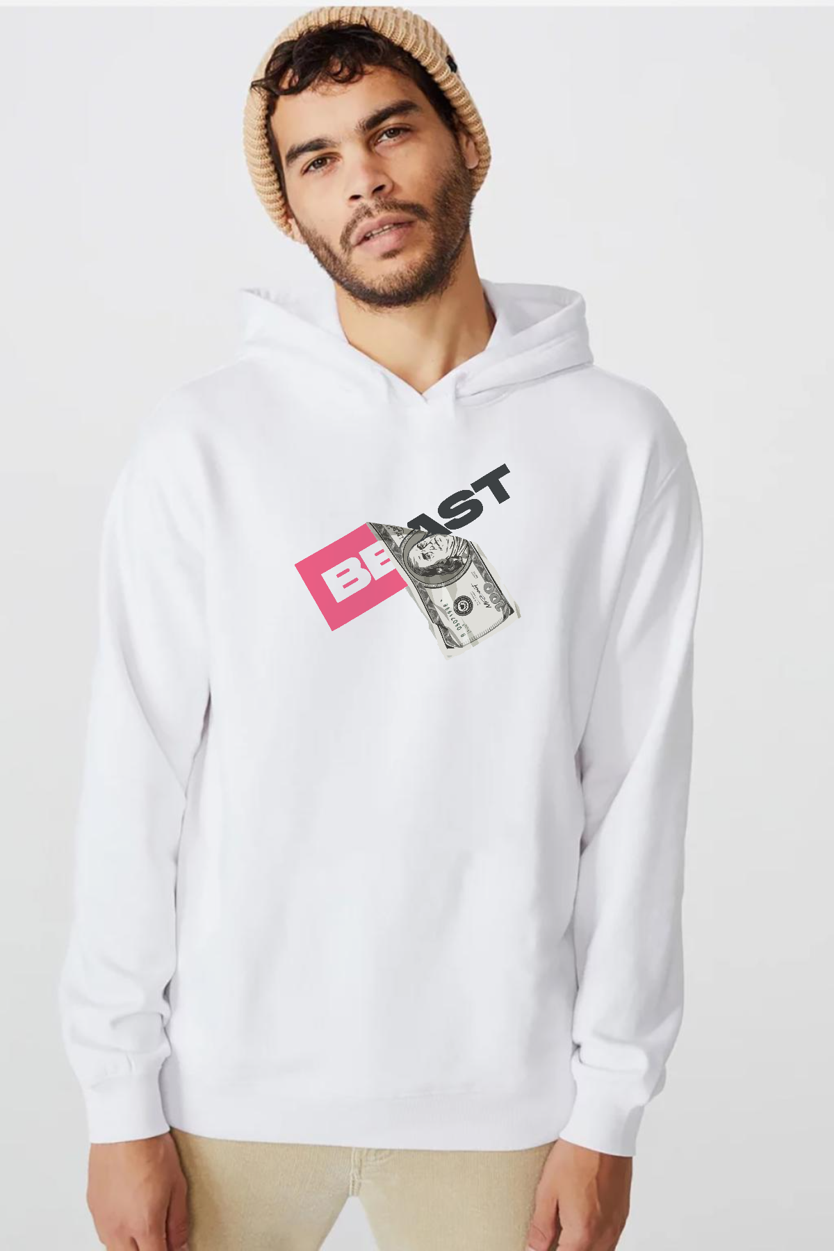 Mr Beast Dollar Bill Beyaz Erkek 3ip Kapşonlu  Sweatshirt