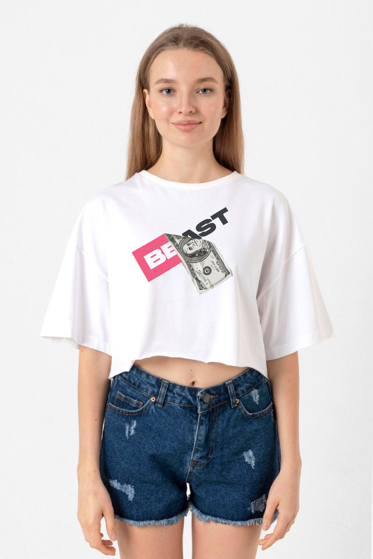 Mr Beast Dollar Bill Beyaz Kadın Crop Tshirt