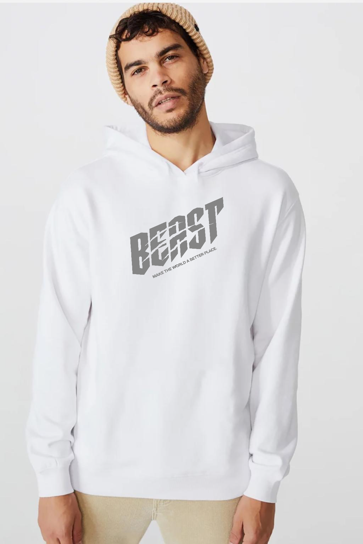 Mr Beast Make The World Beyaz Erkek 3ip Kapşonlu  Sweatshirt