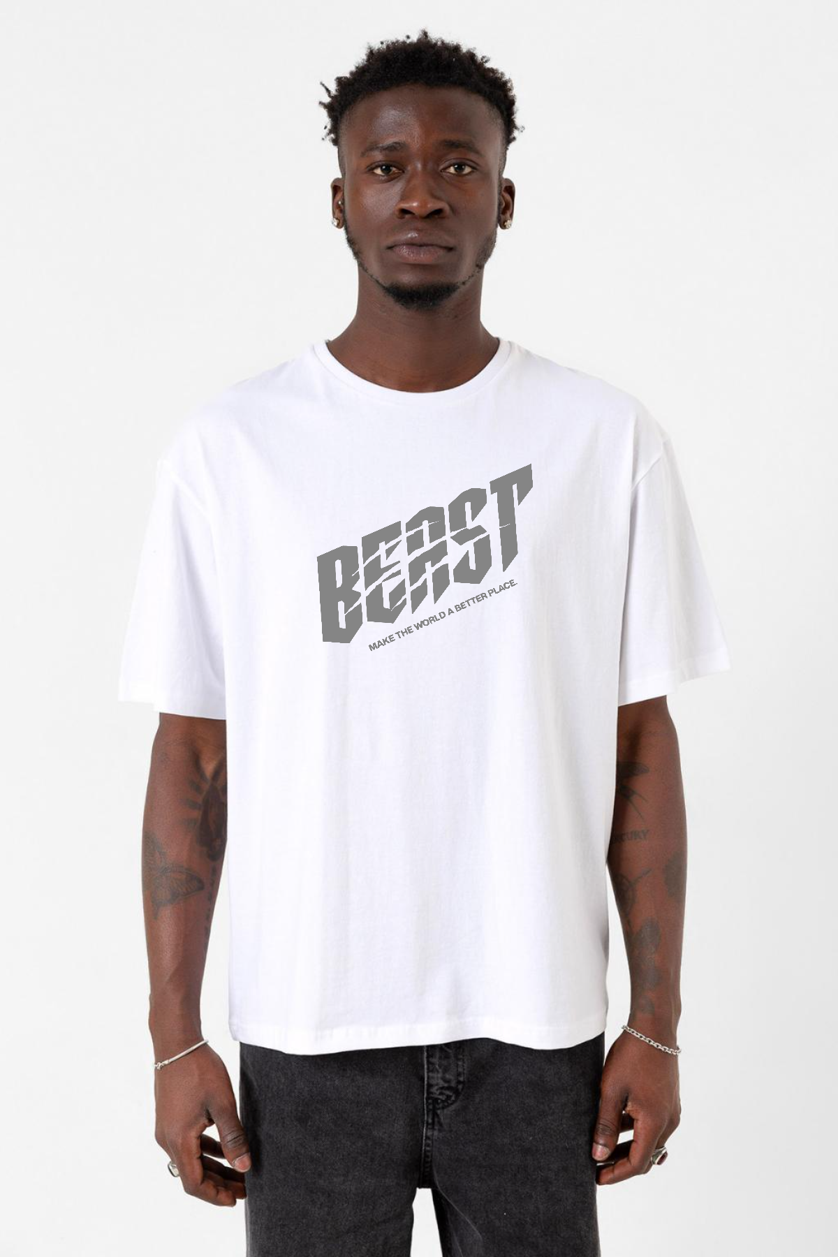 Mr Beast Make The World Beyaz Erkek Oversize Tshirt