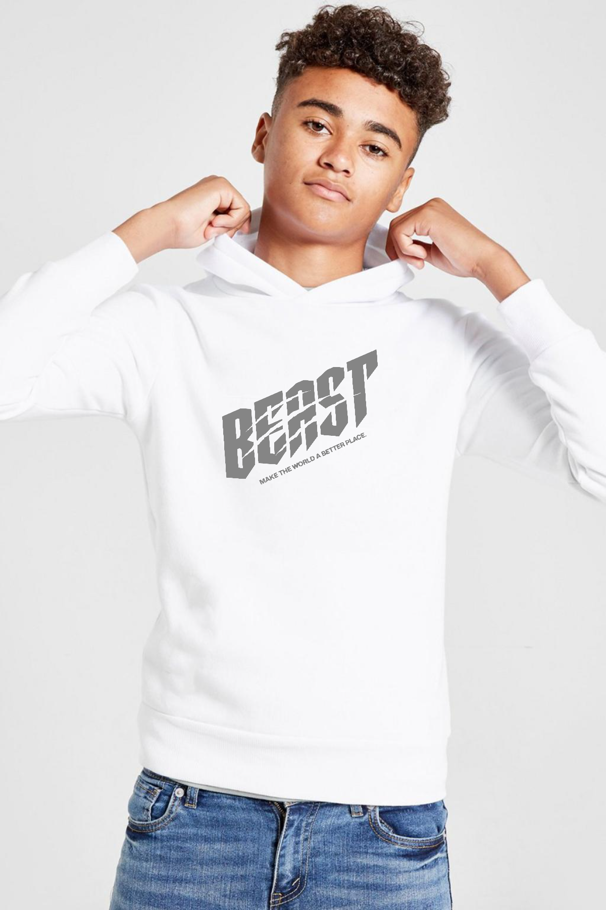 Mr Beast Make The World Beyaz Çocuk 3ip Kapşonlu  Sweatshirt