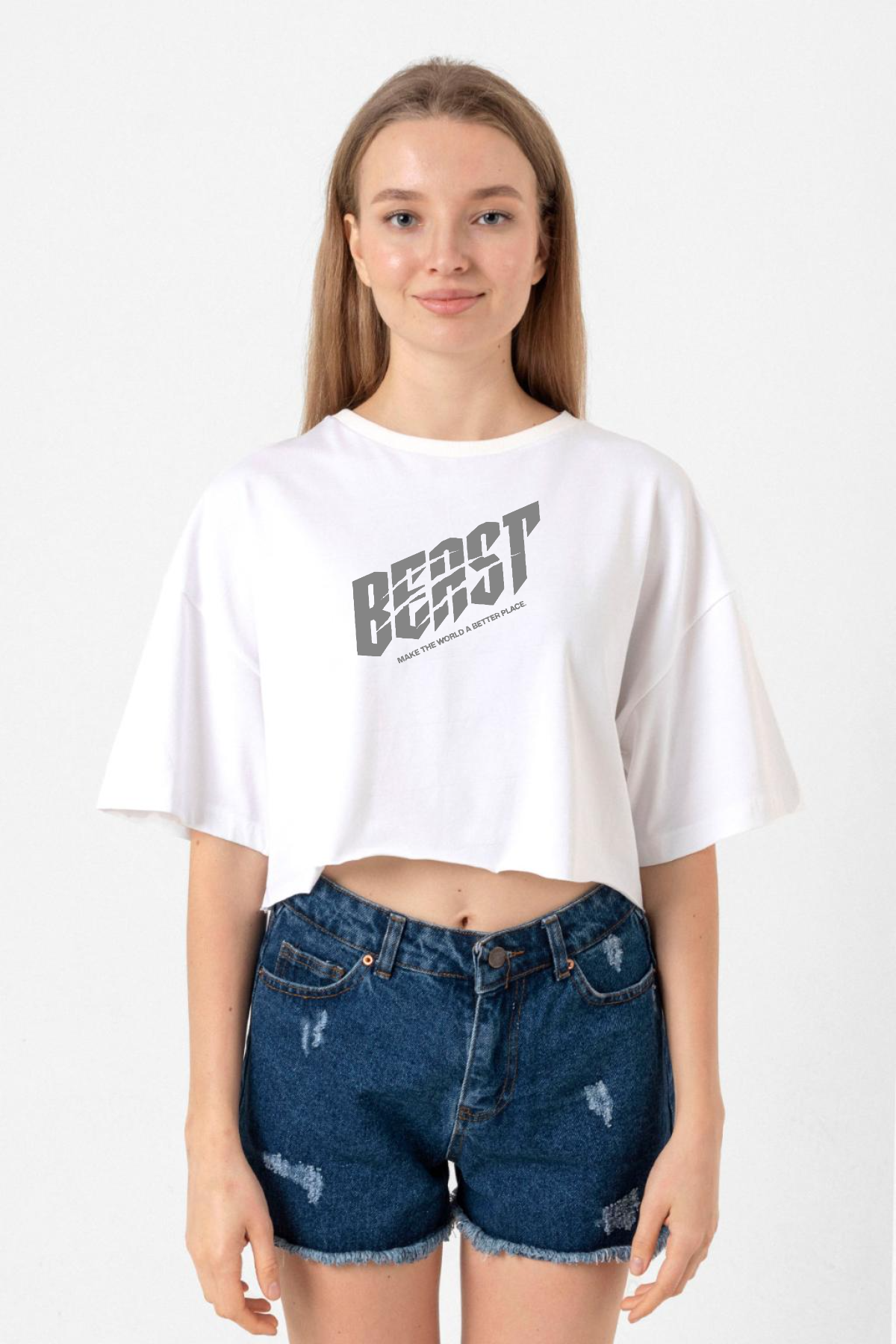 Mr Beast Make The World Beyaz Kadın Crop Tshirt