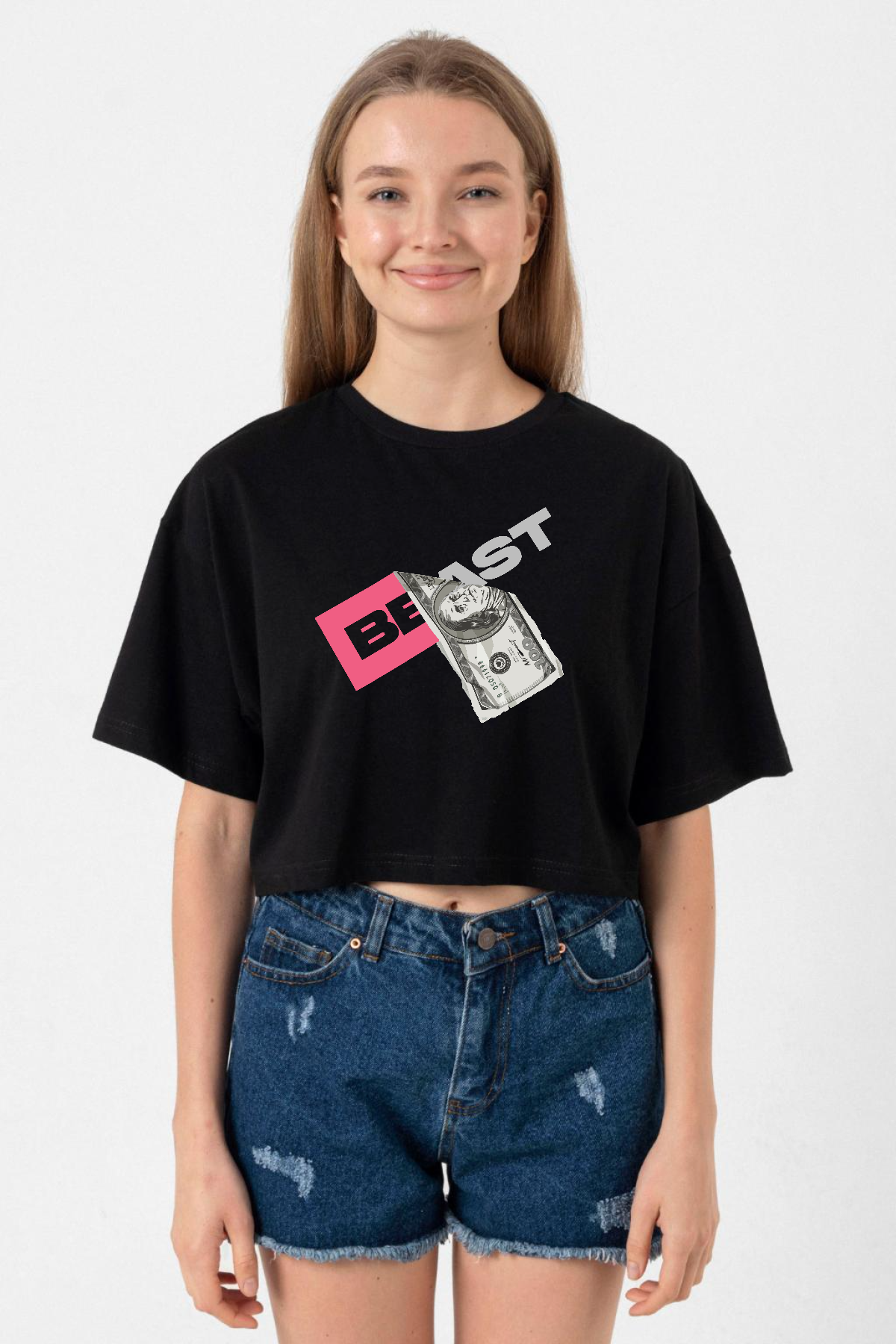 Mr Beast Dollar Bill Siyah Kadın Crop Tshirt