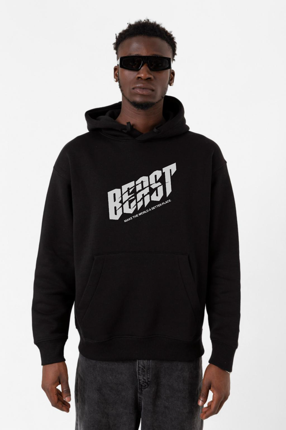 Mr Beast Make The World Siyah Erkek 3ip Kapşonlu Sweatshirt
