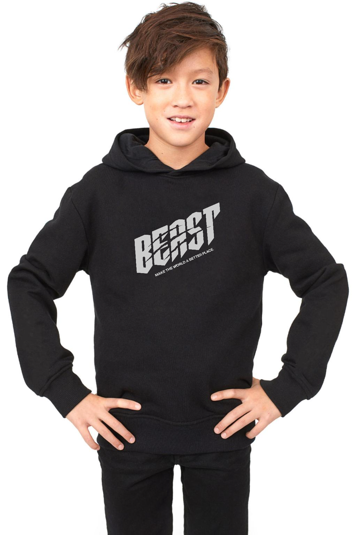 Mr Beast Make The World Siyah Çocuk 3ip Kapşonlu